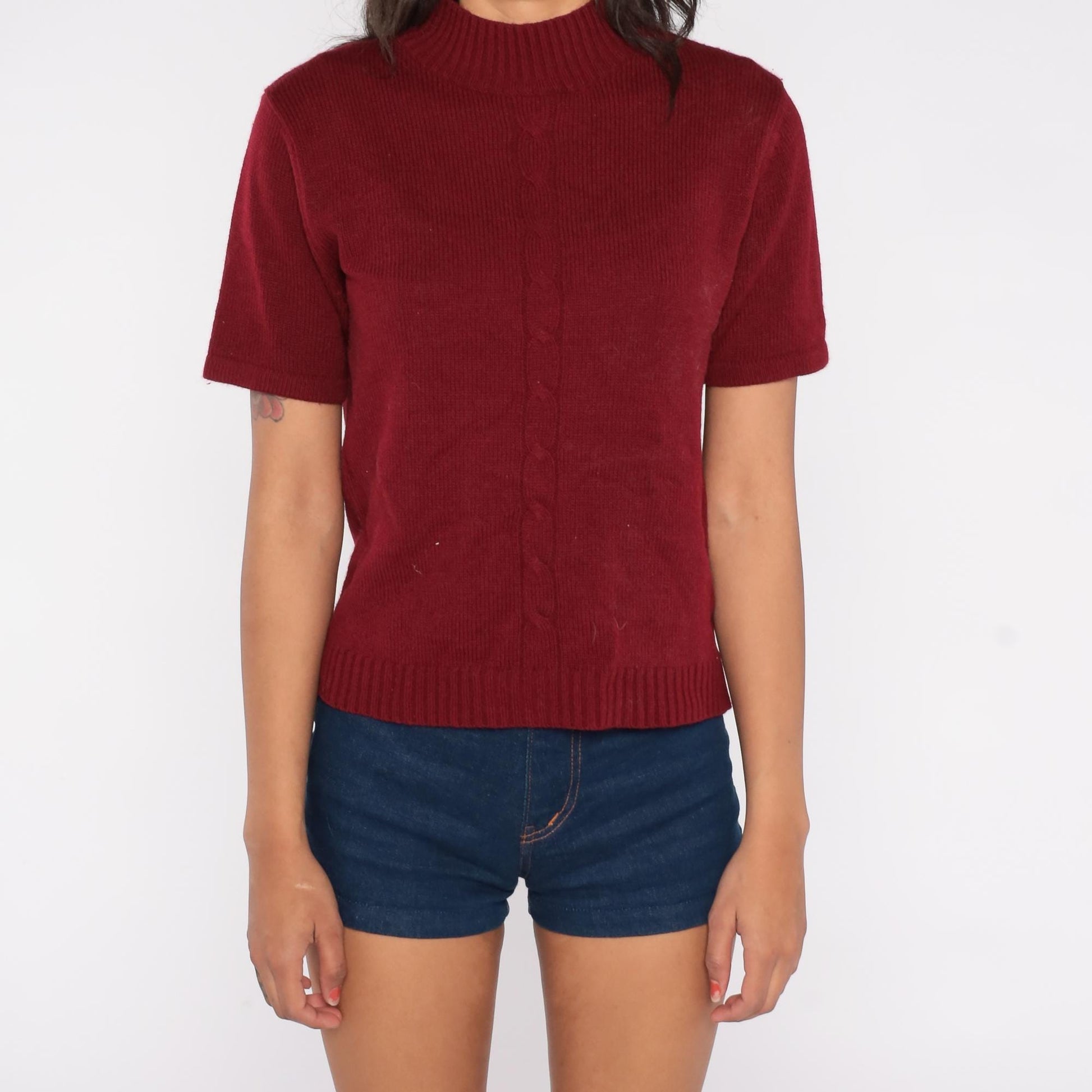 80s Joan Leslie Burgundy Mock Neck Ribbed Knit Top Short Sleeve Large L