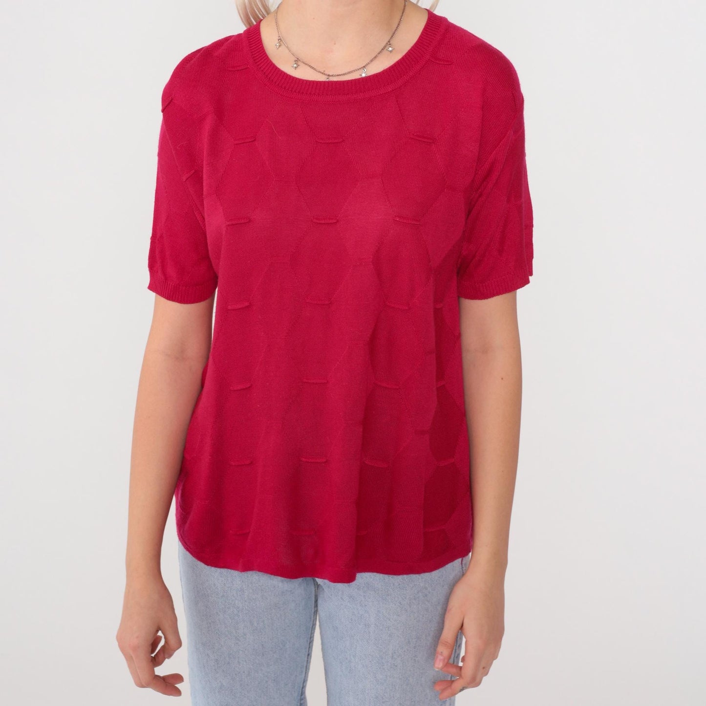 80s Red Horizontal Stripe Knit Sweater Crew Neck Short Sleeve Medium