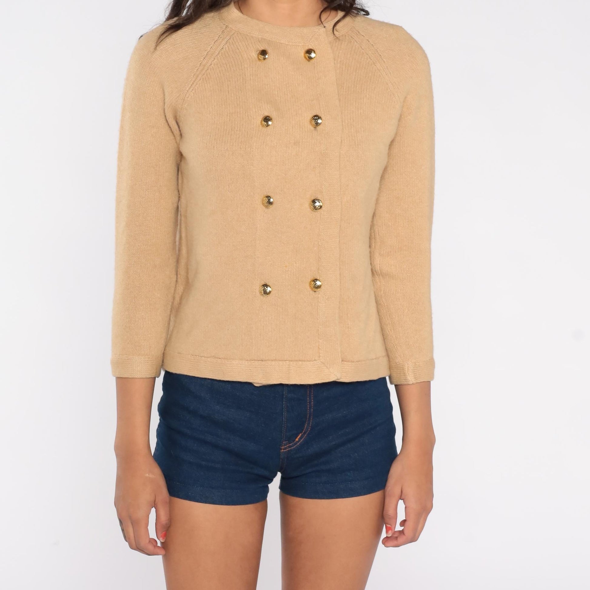 60s I. Magnin Camel Hair Cardigan Tan Gold Button Crew Neck XS