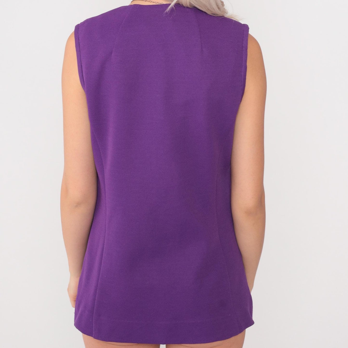 70s Purple Button Front Vest V Neck Textured Knit Sleeveless Waistcoat Medium