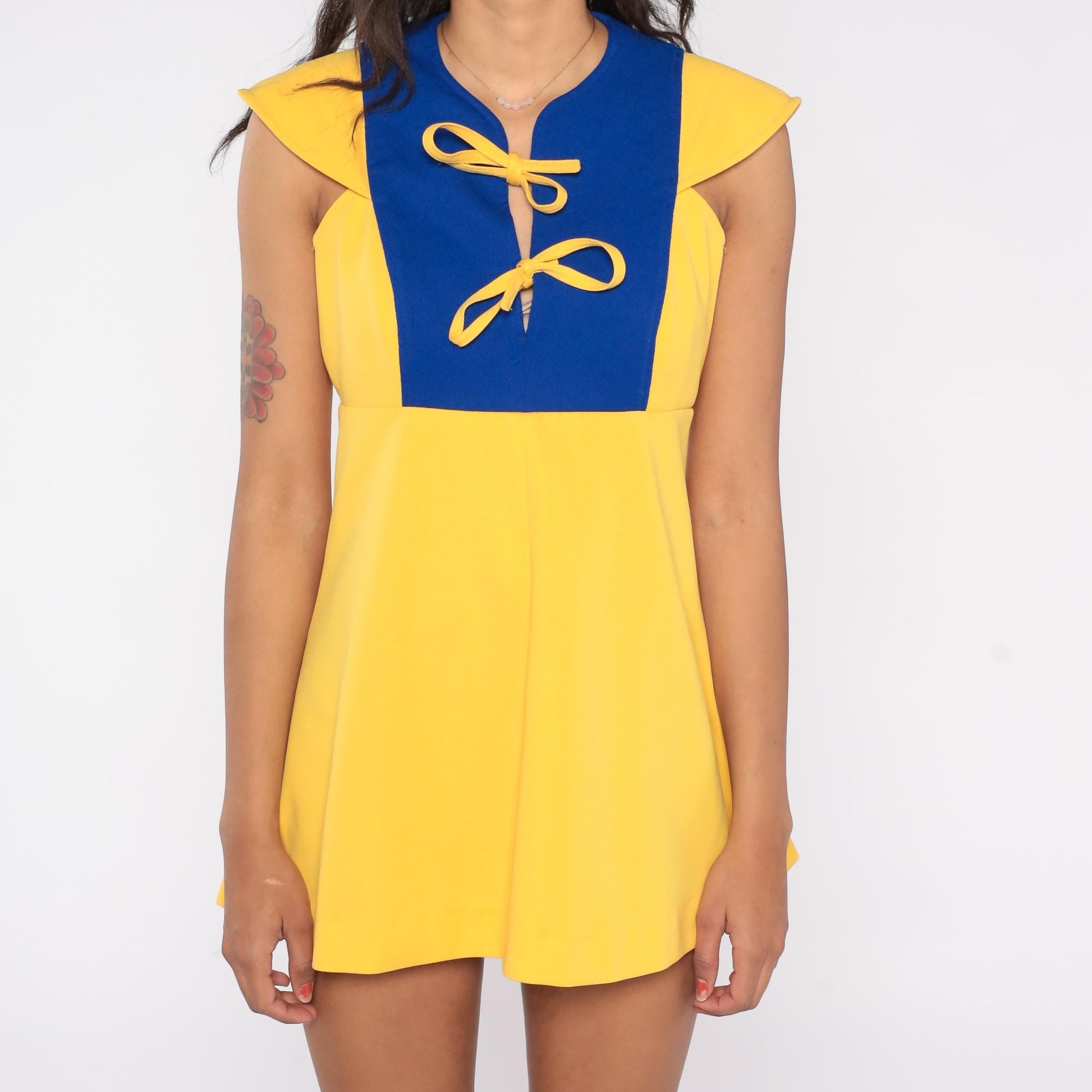 60s Space Age Color Block Mini Dress Yellow Blue Flutter Sleeve Small