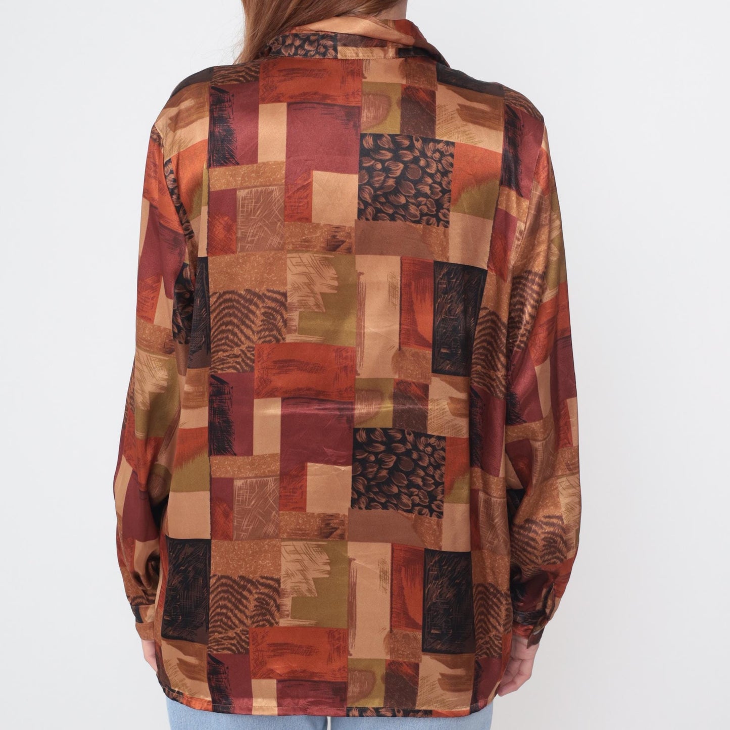 90s Abstract Geometric Patchwork Button-Up Shirt Brown Rust Long Sleeve Large