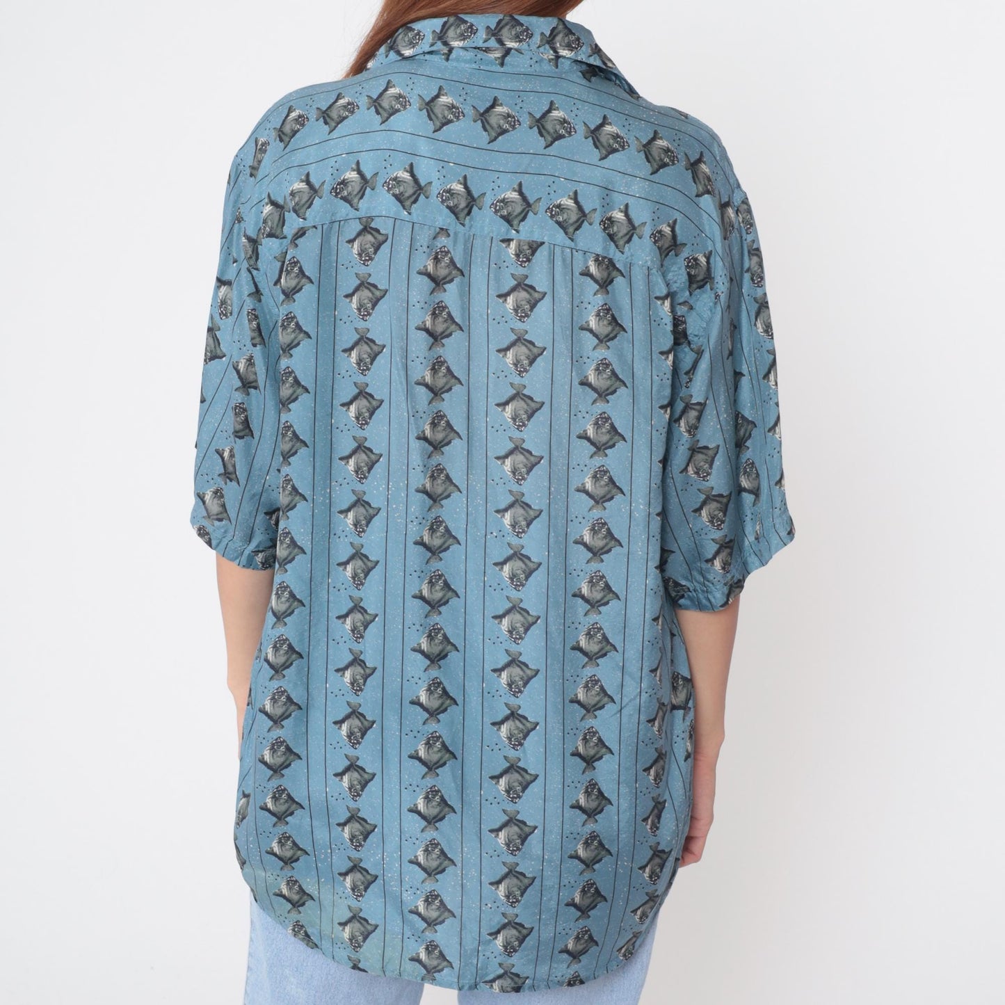 90s Bruno Silk Fish Print Button Down Shirt Blue Medium M