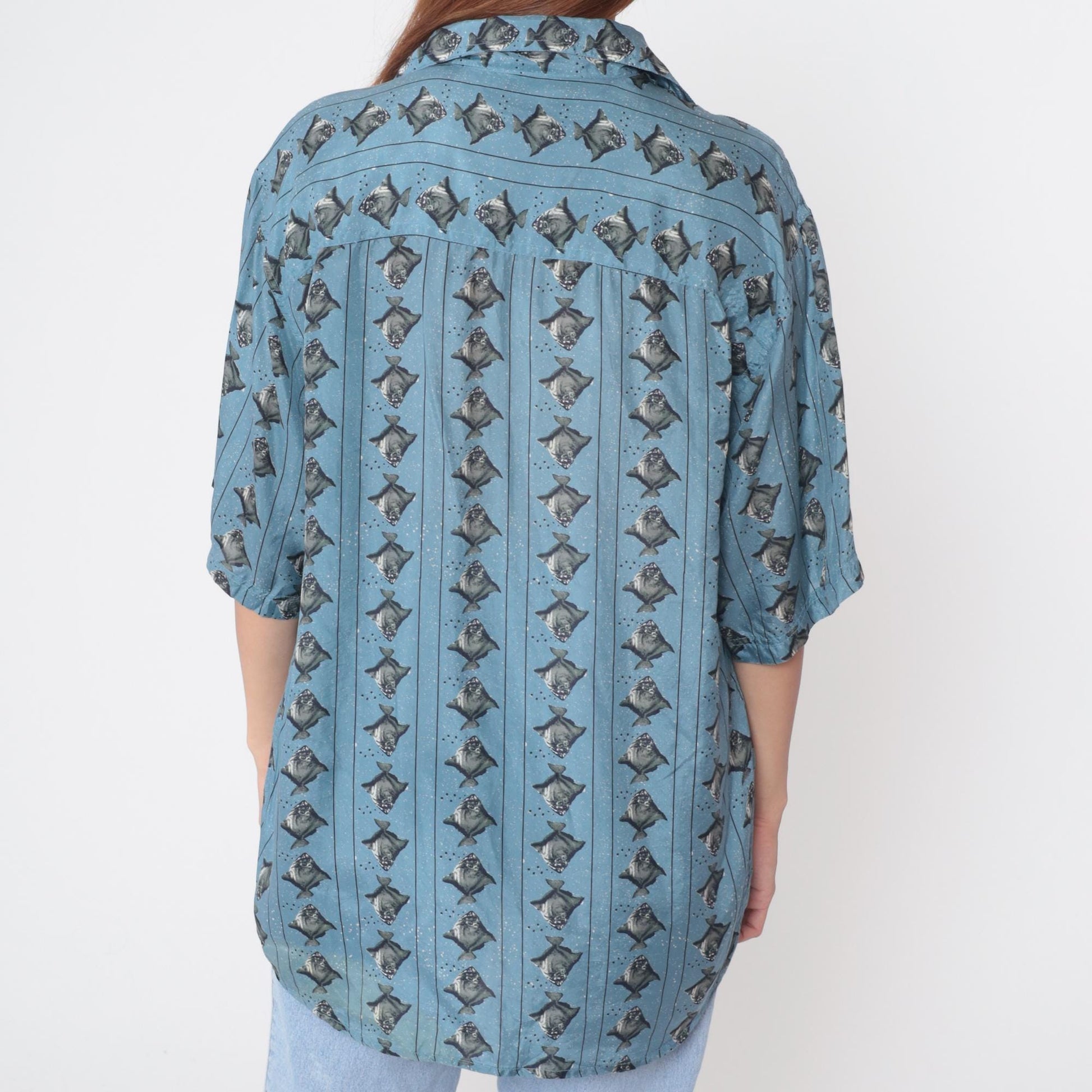90s Bruno Silk Fish Print Button Down Shirt Blue Medium M