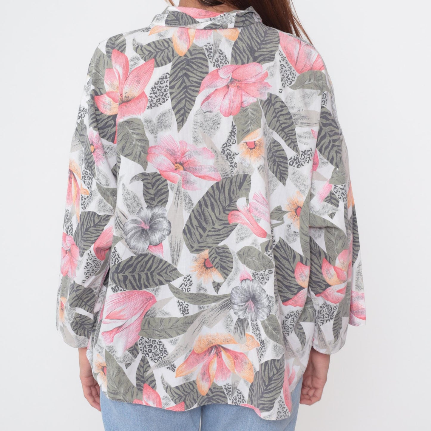 90s Box Office Floral Button Down Shirt Pink Orange Green Tropical Large L