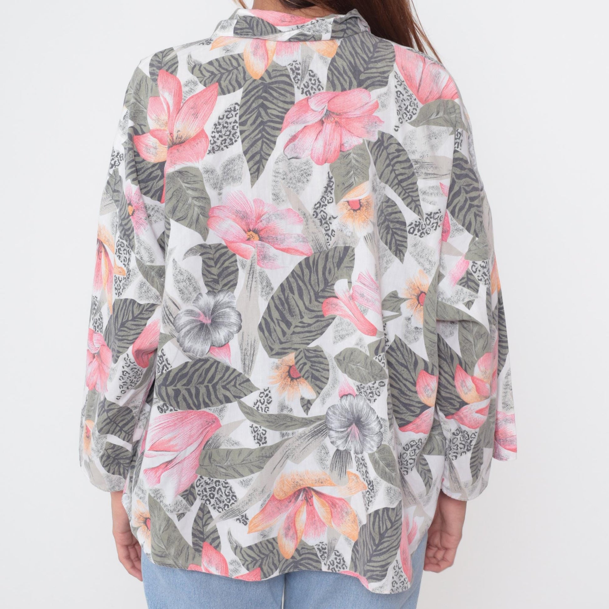 90s Box Office Floral Button Down Shirt Pink Orange Green Tropical Large L