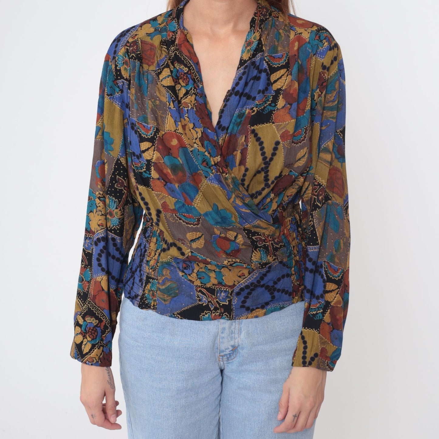 90s Ms Interpret Wrap Blouse Abstract Patchwork Long Sleeve Medium M