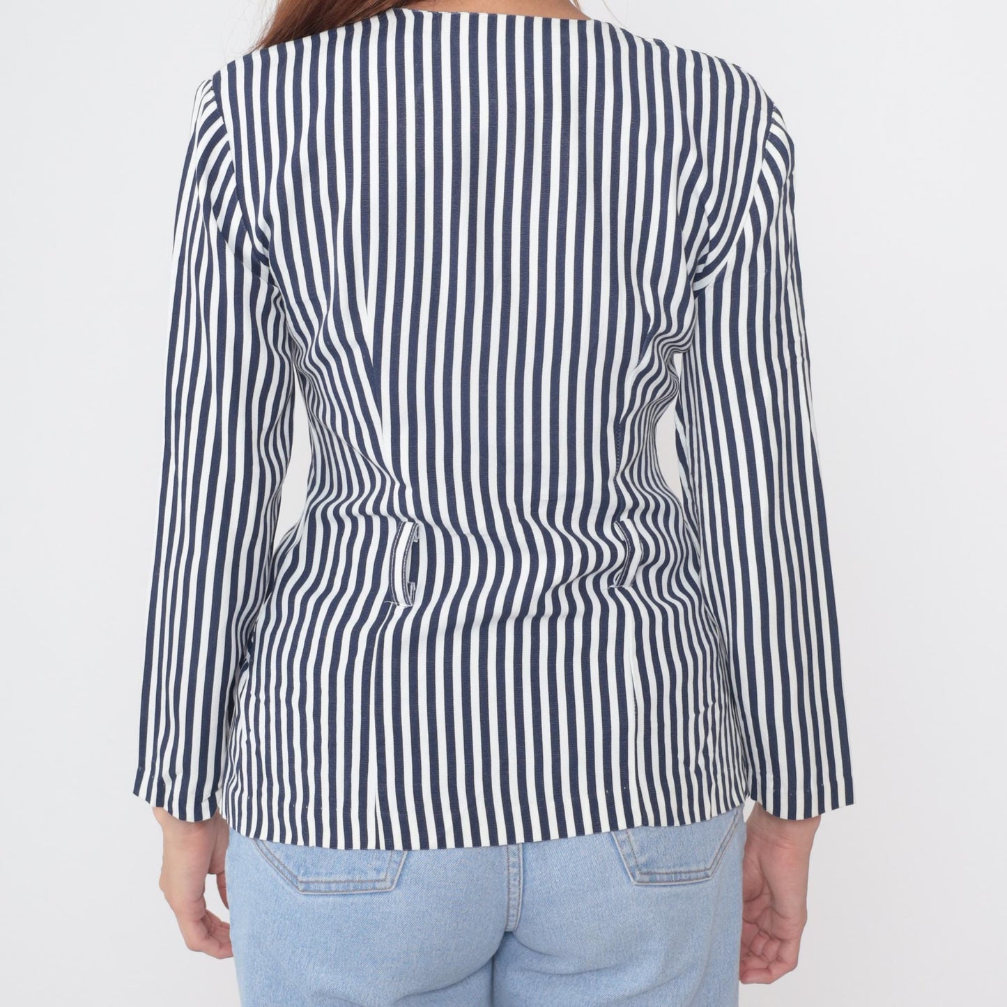 80s Nautical Striped Button-Front Blouse Navy White Pearl Buttons Medium