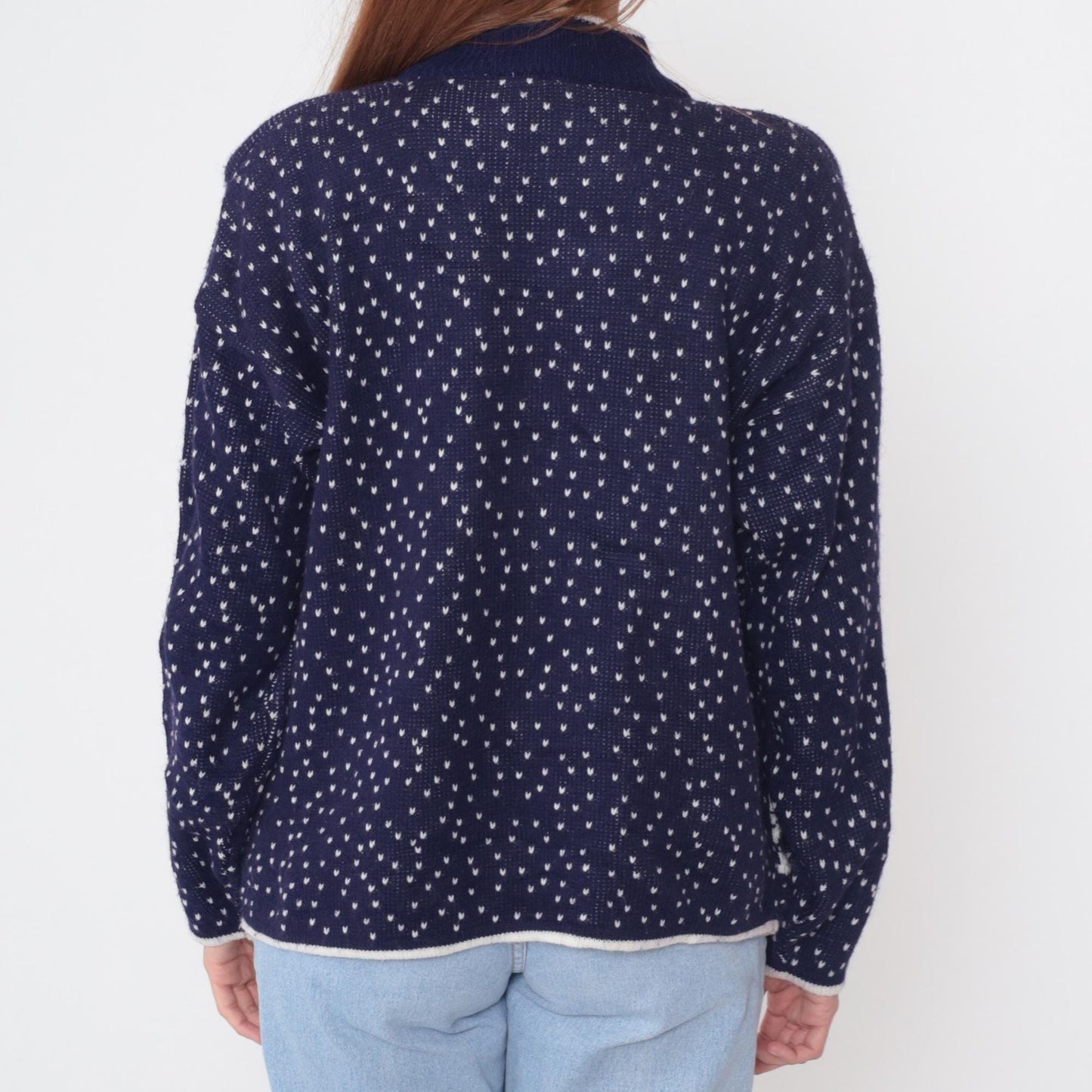 80s Navy Blue White Geometric Medallion Knit Sweater Beaded Crewneck Medium