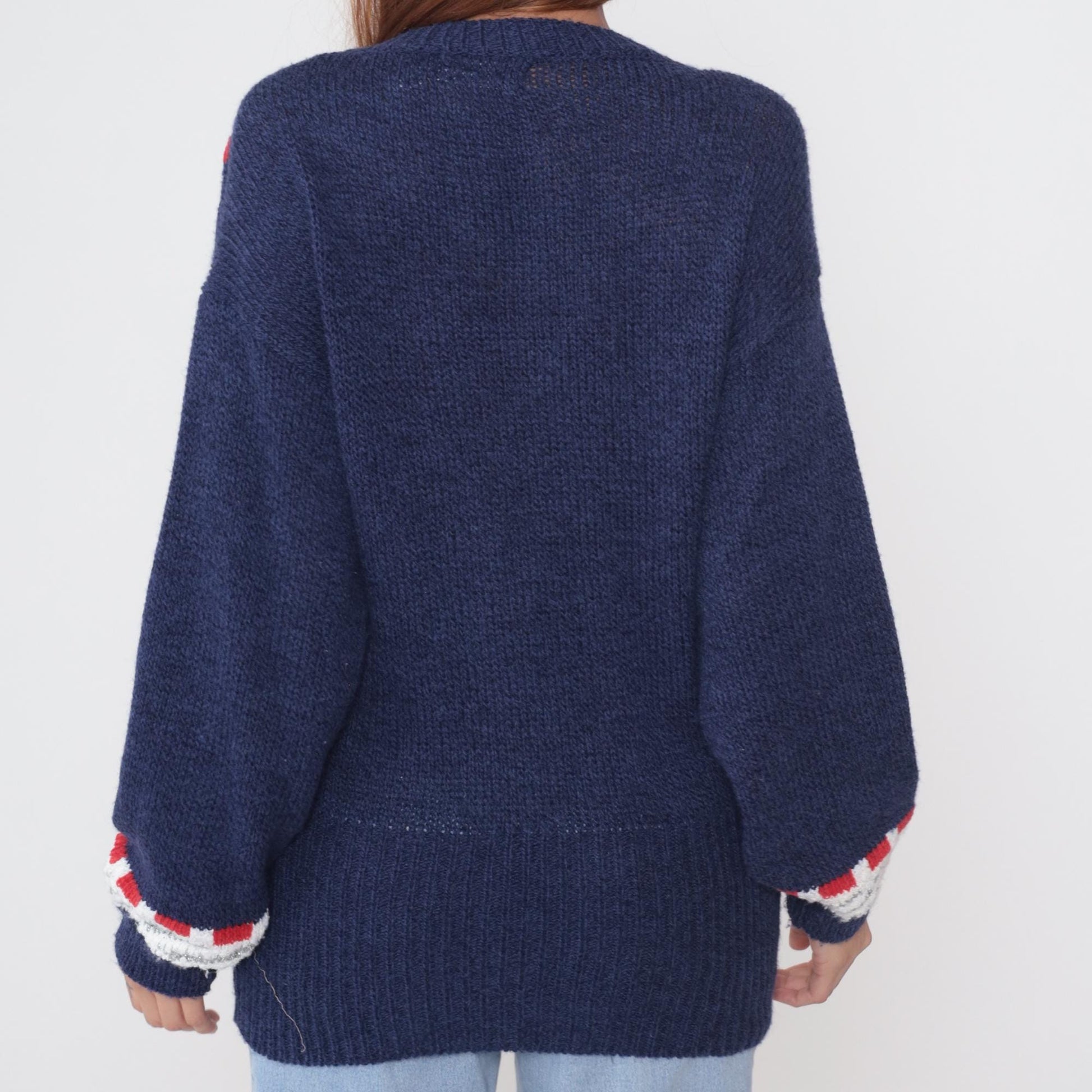 80s Carducci Navy Geometric Knit Pullover Balloon Sleeve V-Neck Large L