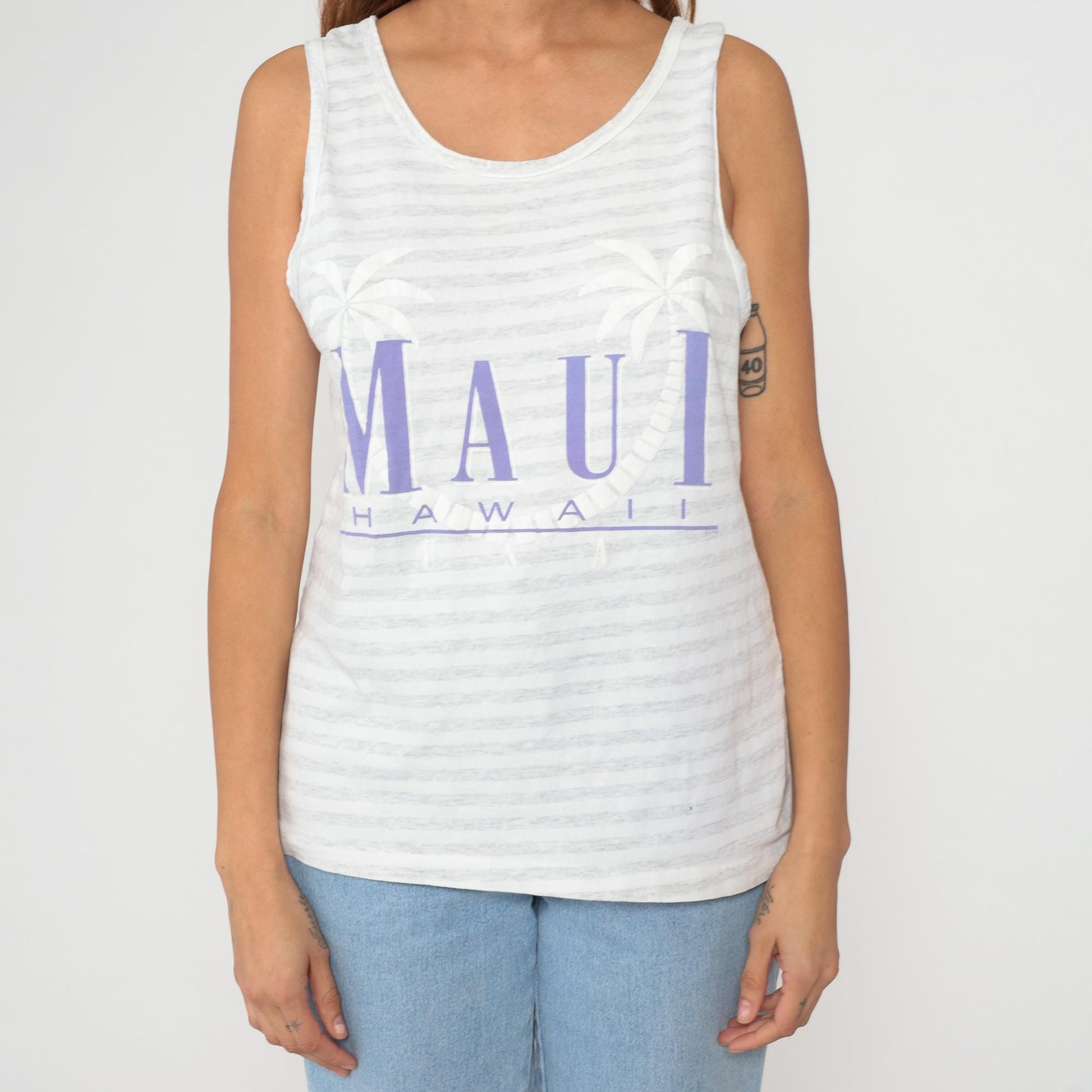 90s Maui Hawaii Tank Top White Stripe Purple Text Palm Tree Medium