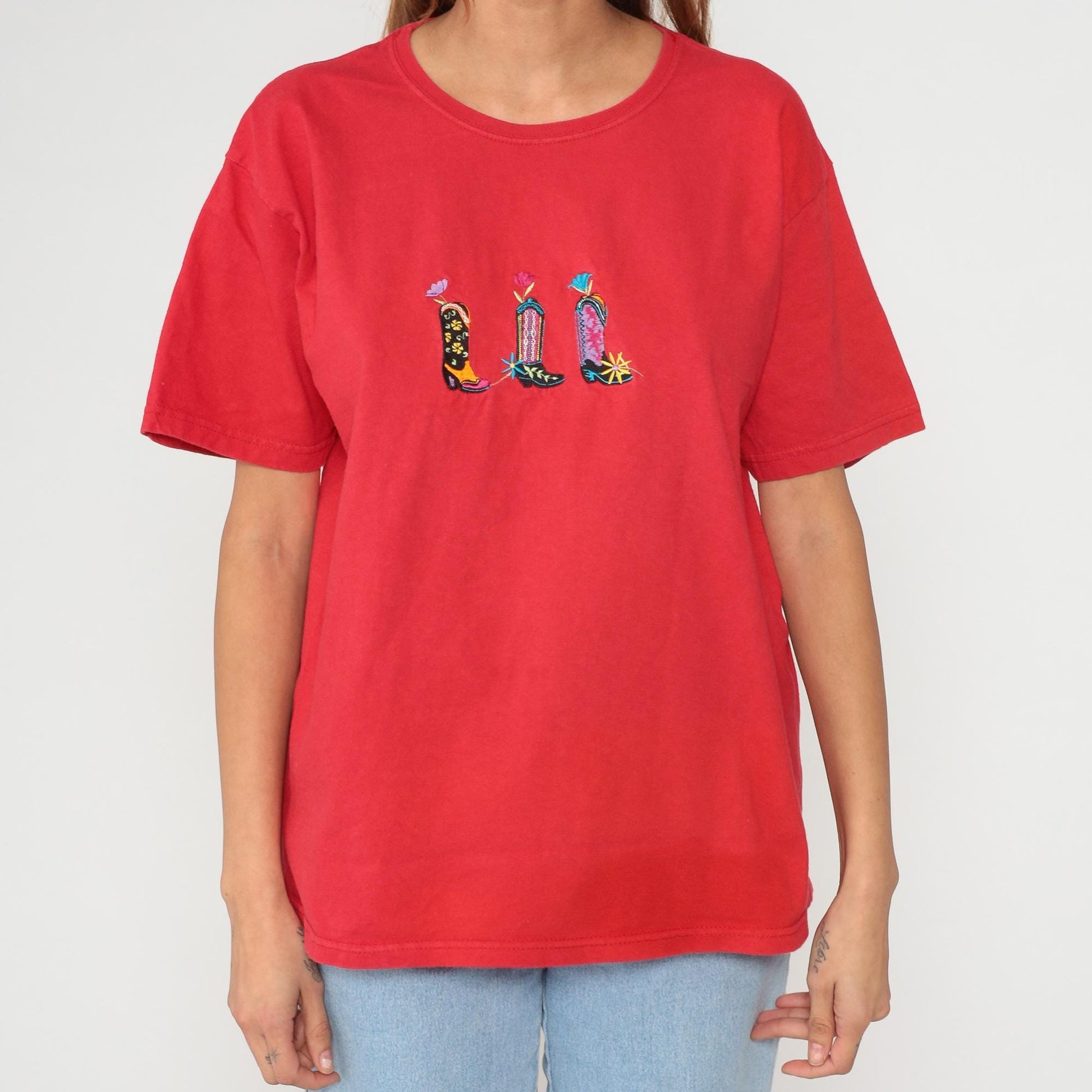 90s Cowboy Boot Embroidered Cotton T-Shirt Red Graphic Tee Medium M