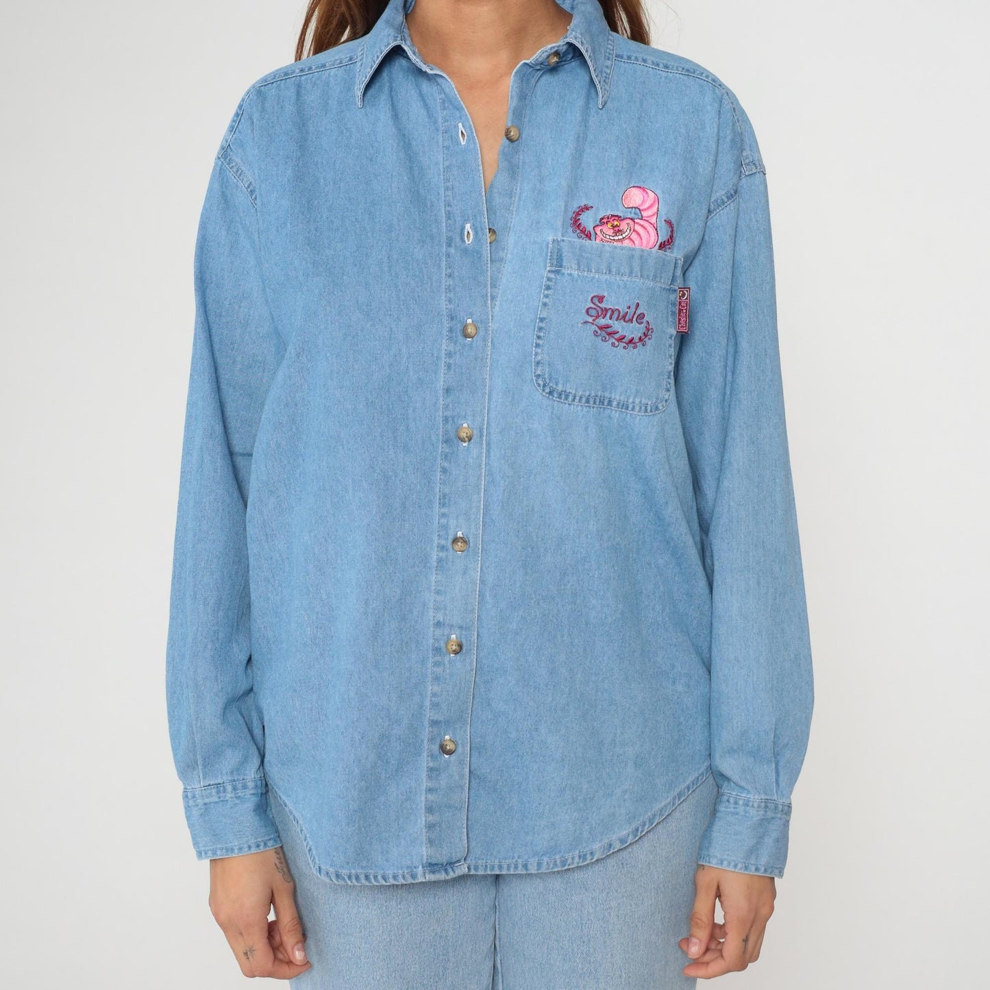 90s Disney Cheshire Cat Denim Shirt Embroidered Button Up Small