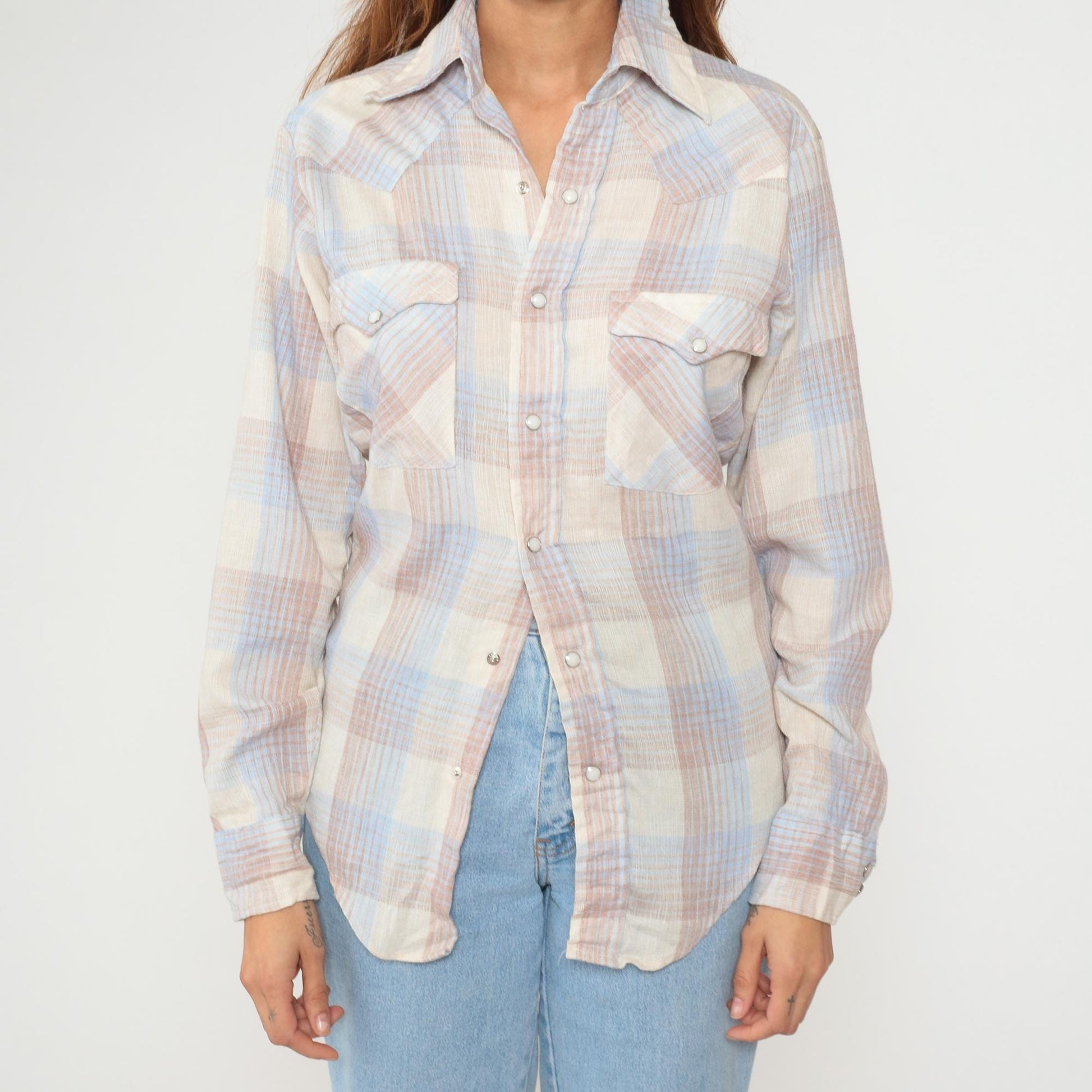 80s Gap Western Pearl Snap Shirt Cream Blue Gingham Plaid Medium
