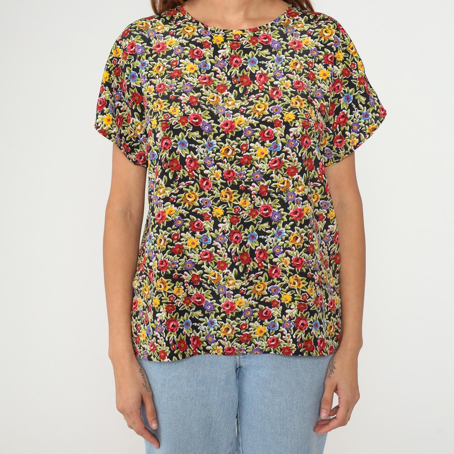 90s Black Floral Ditsy Print Blouse Short Sleeve Crew Neck Medium