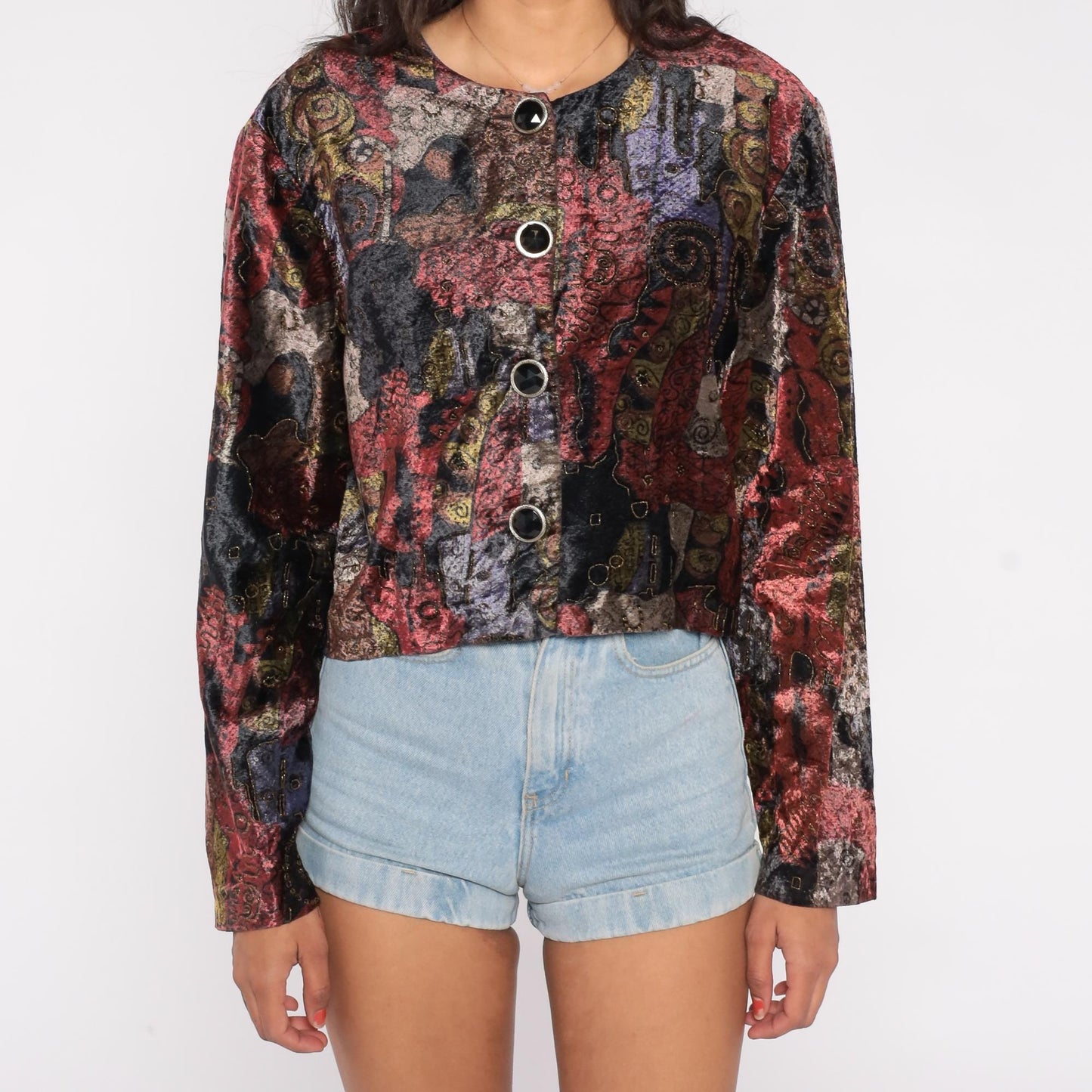 90s Options Melrose Cropped Jacket Abstract Art Pattern Burgundy Purple Gold Black Medium