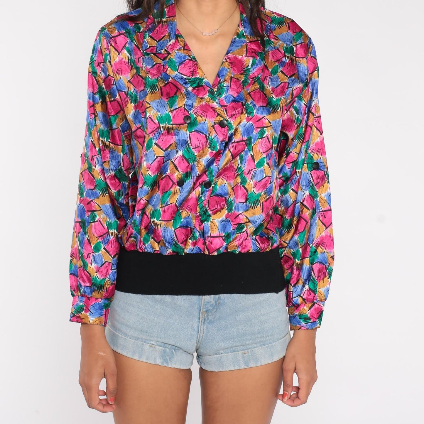 80s Petite Notations Geometric Abstract Blouse Hot Pink Blue Green Gold Black Medium