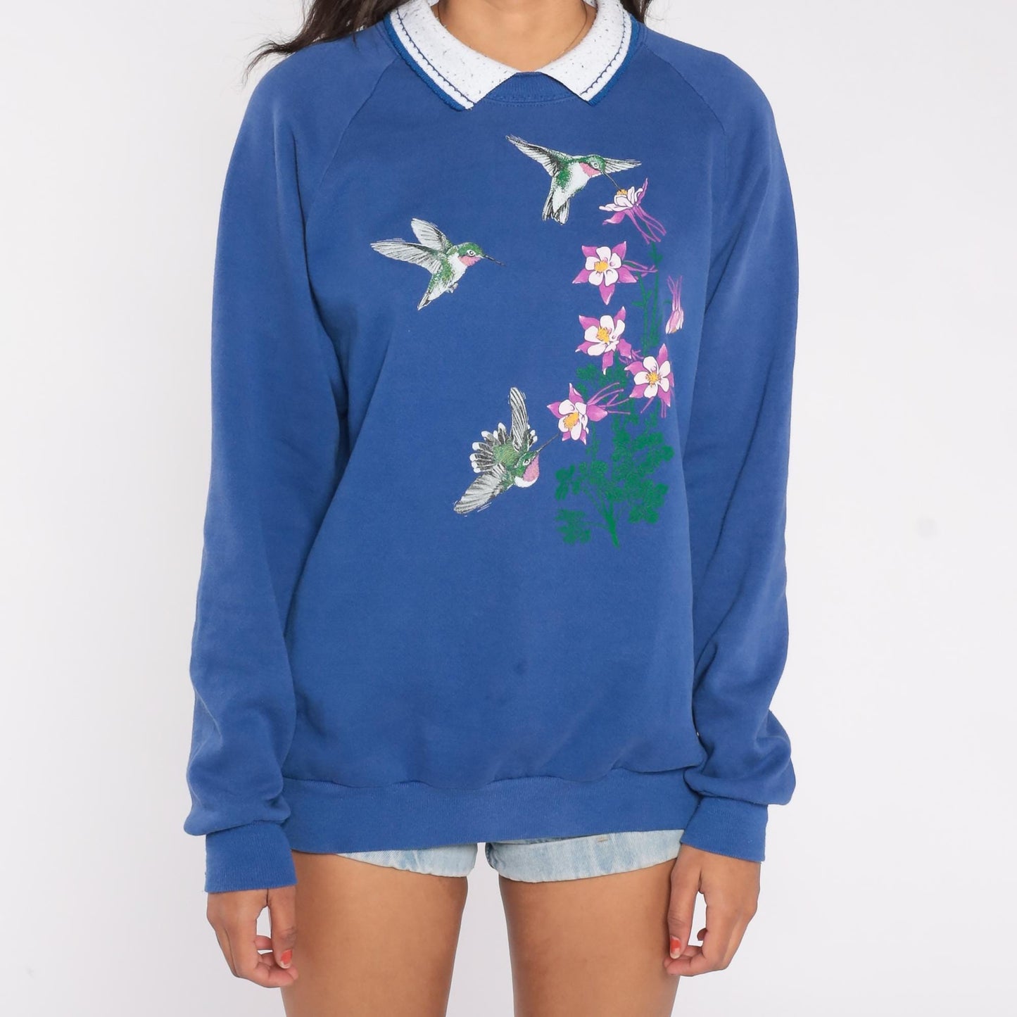 90s Hummingbird Columbine Floral Sweatshirt Blue Cotton Blend Collared Extra Large XXL