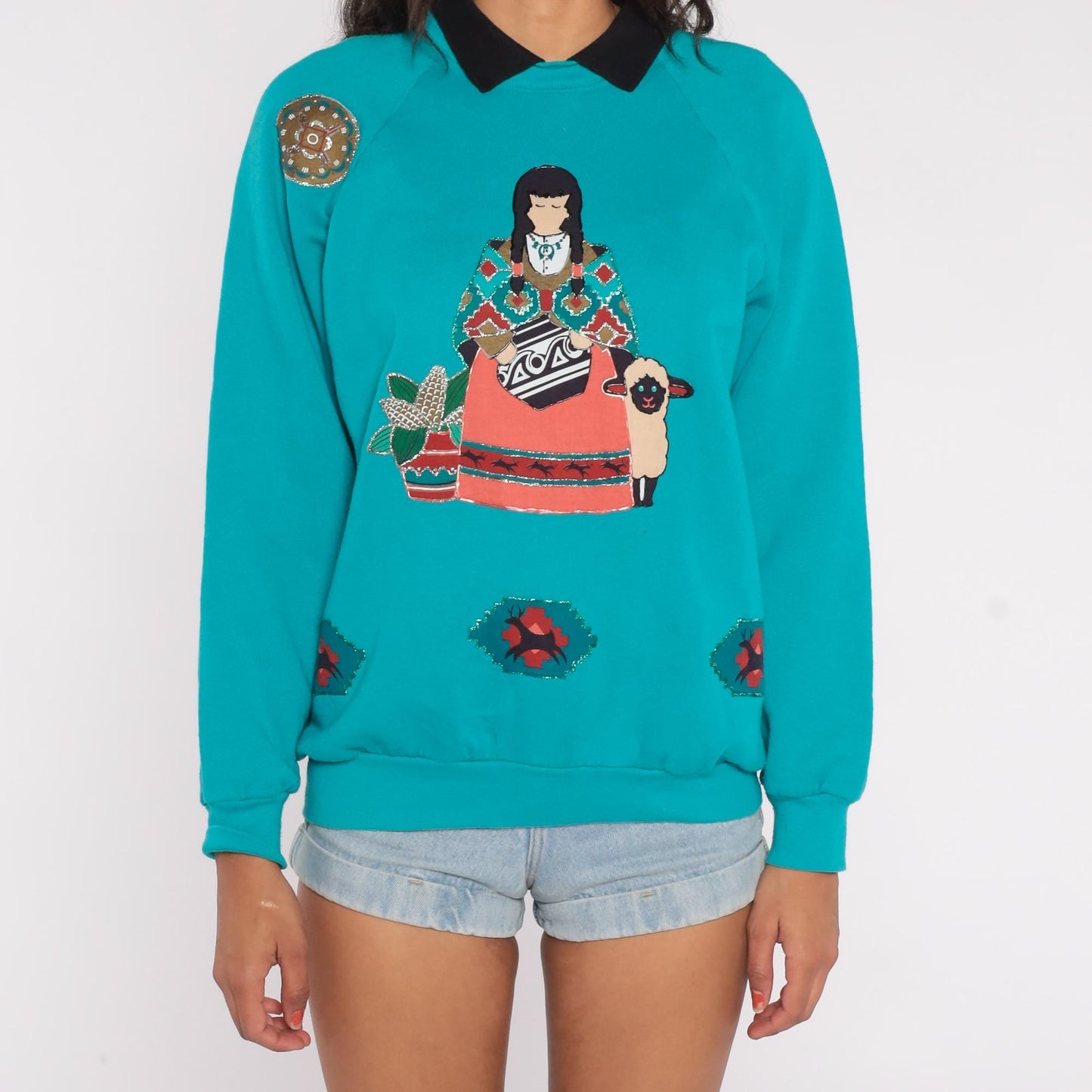 90s Southwestern Collared Sweatshirt Turquoise Native American Applique Large L