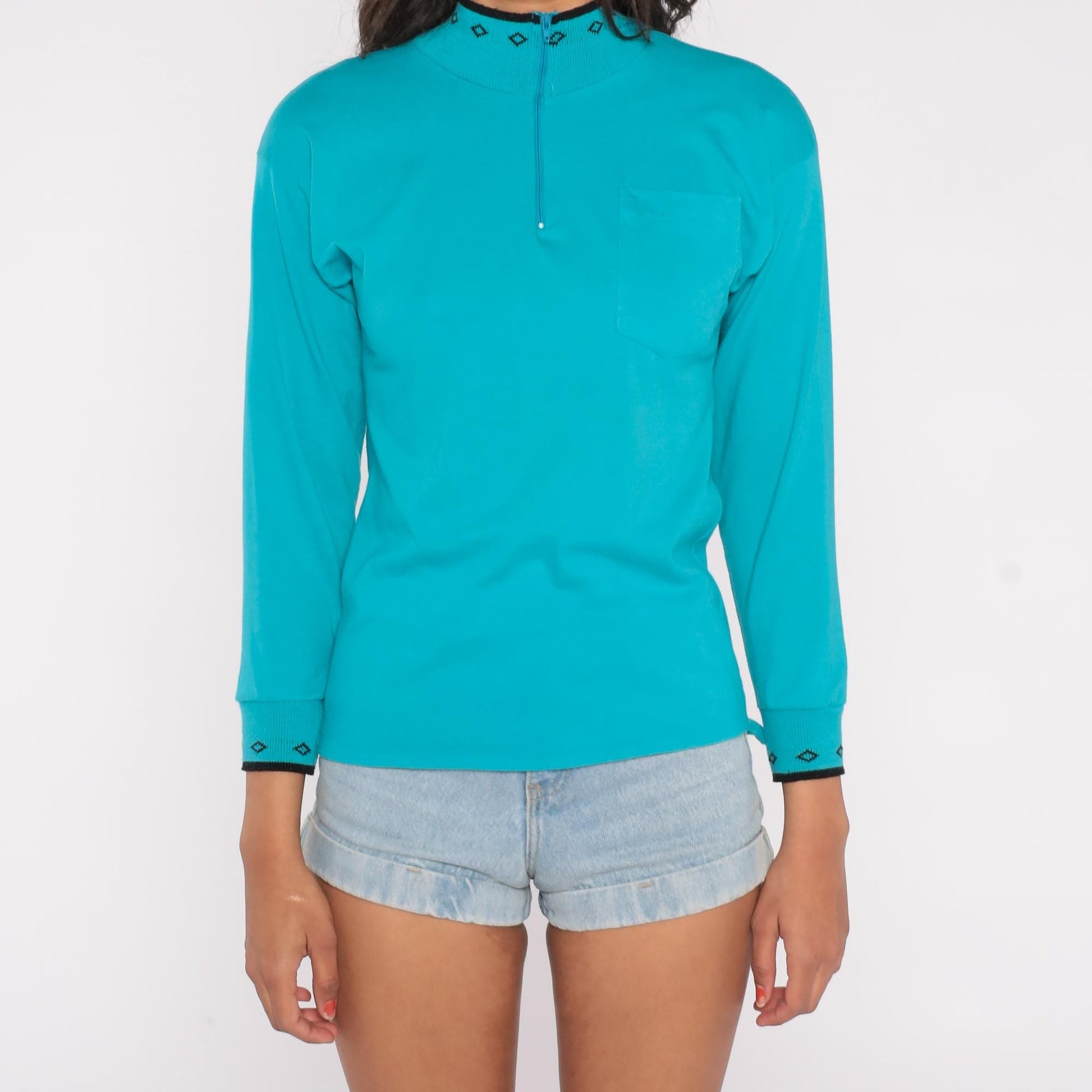 90s Tulip Turquoise Half-Zip Knit Pullover Aztec Geometric Collar Extra Small XS