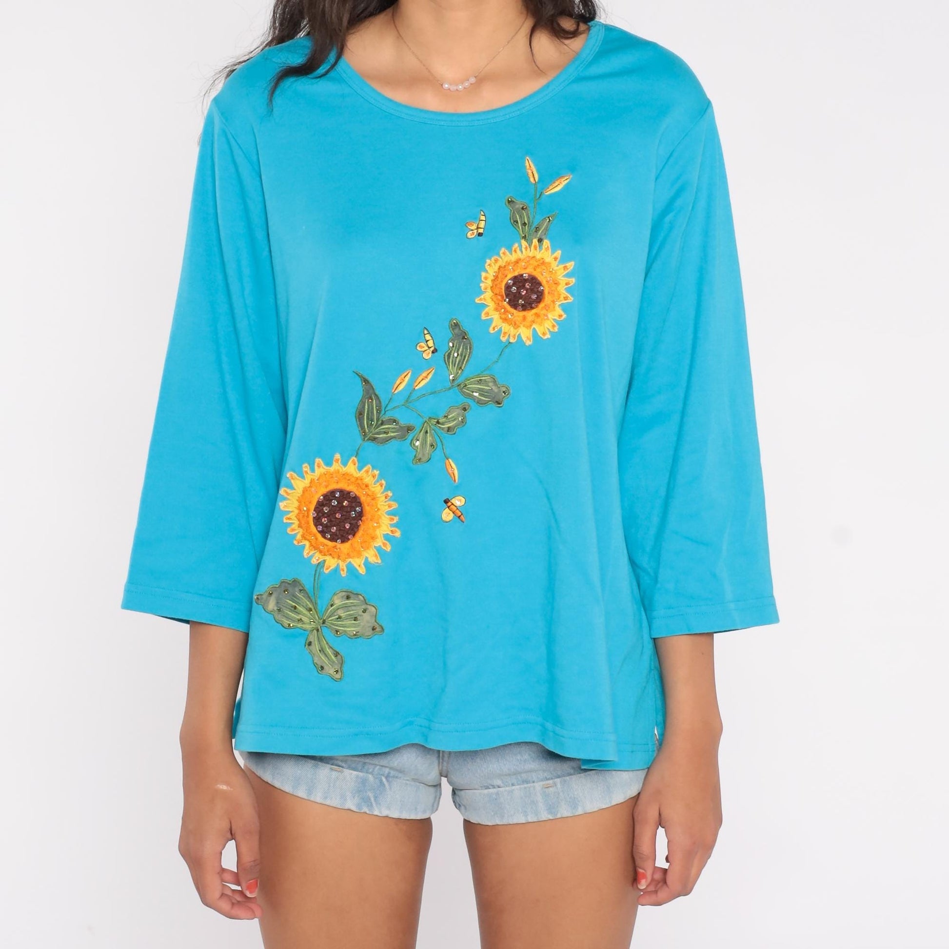 90s Sunflower Bee Embroidered Turquoise Cotton Knit Top Long Sleeve Extra Large XL