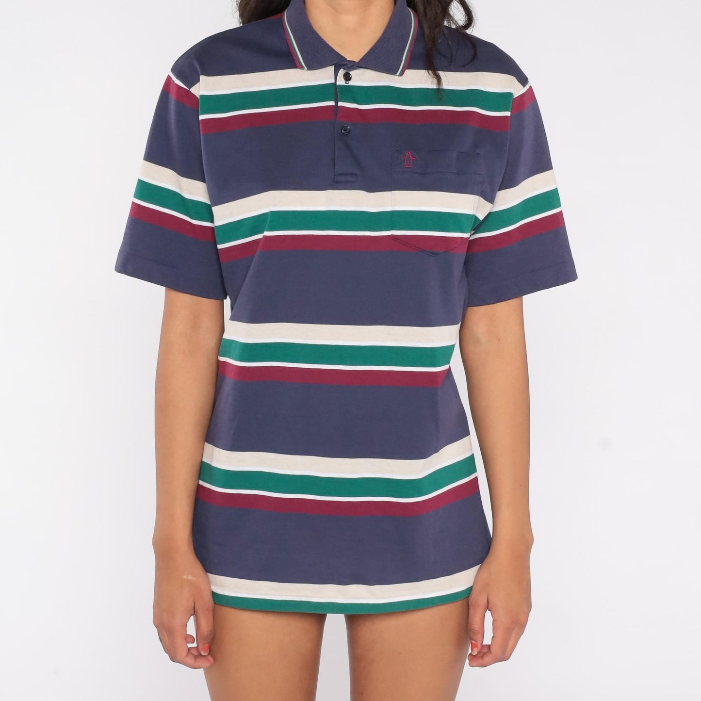 80s Penguin Club Striped Polo Shirt Navy Cream Green Burgundy Medium M
