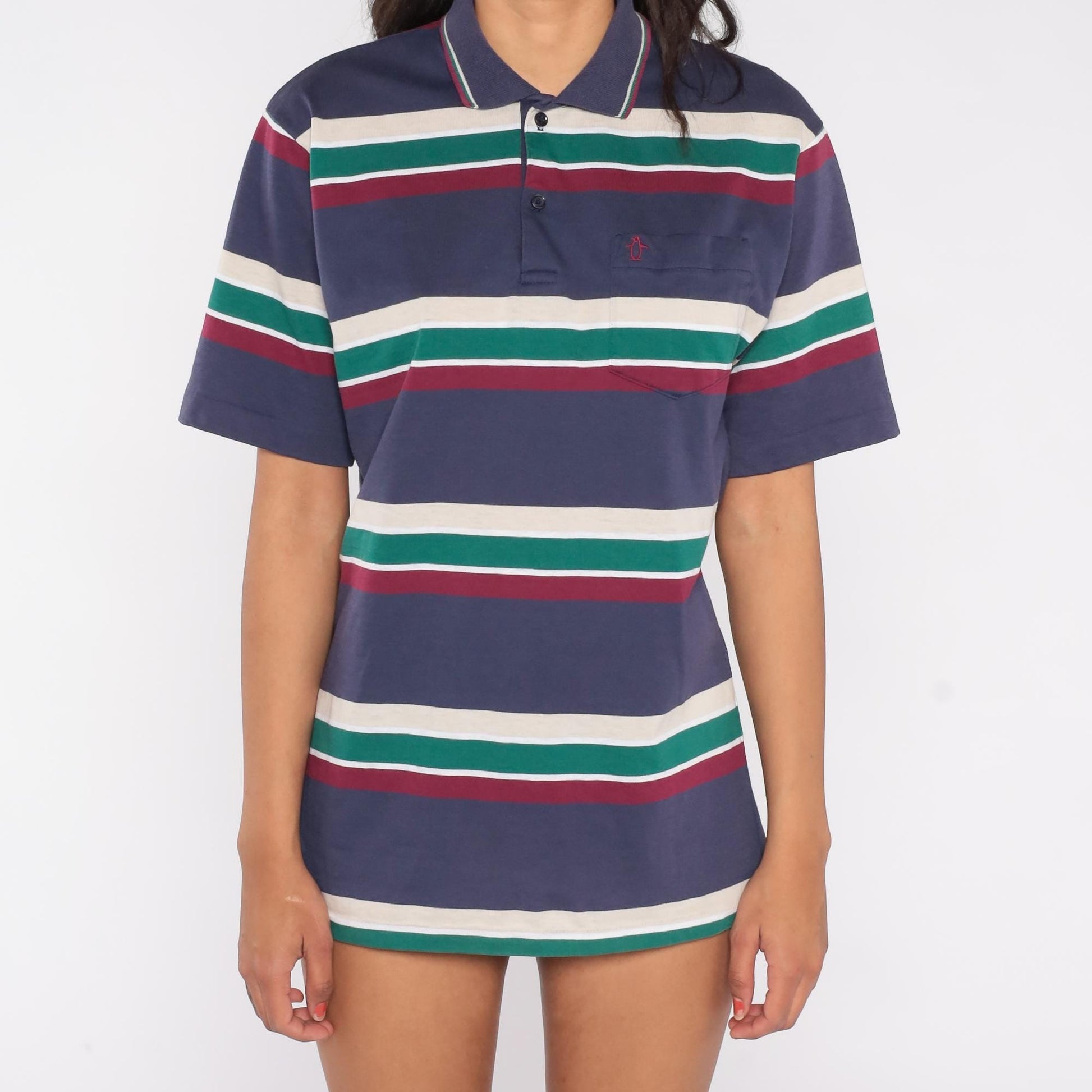 80s Penguin Club Striped Polo Shirt Navy Cream Green Burgundy Medium M