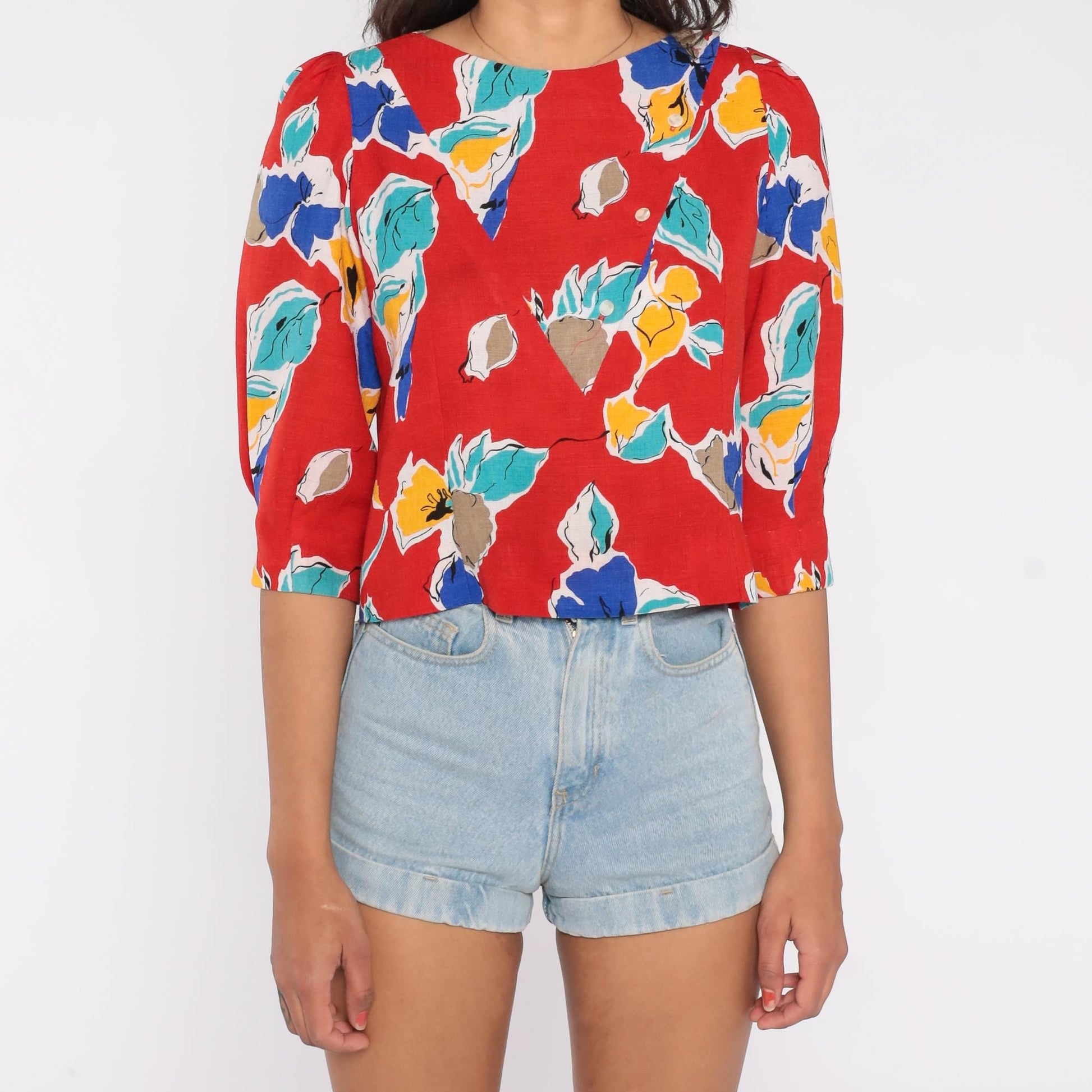 80s Abstract Floral Button Blouse Red Teal Yellow Puff Sleeve Extra Small XS