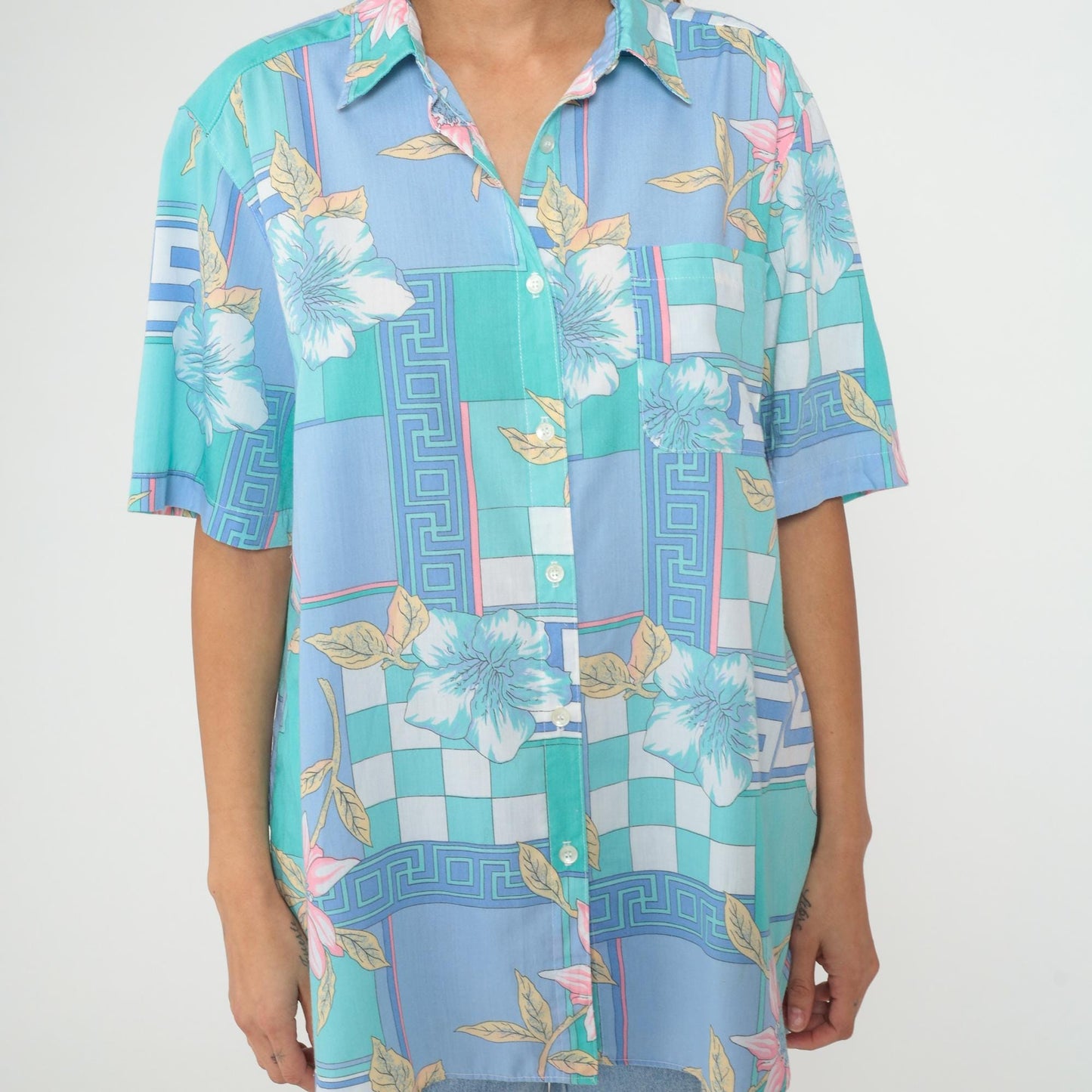 80s Alfred Dunner Tropical Floral Geometric Button Up Shirt Blue Teal Extra Large XL