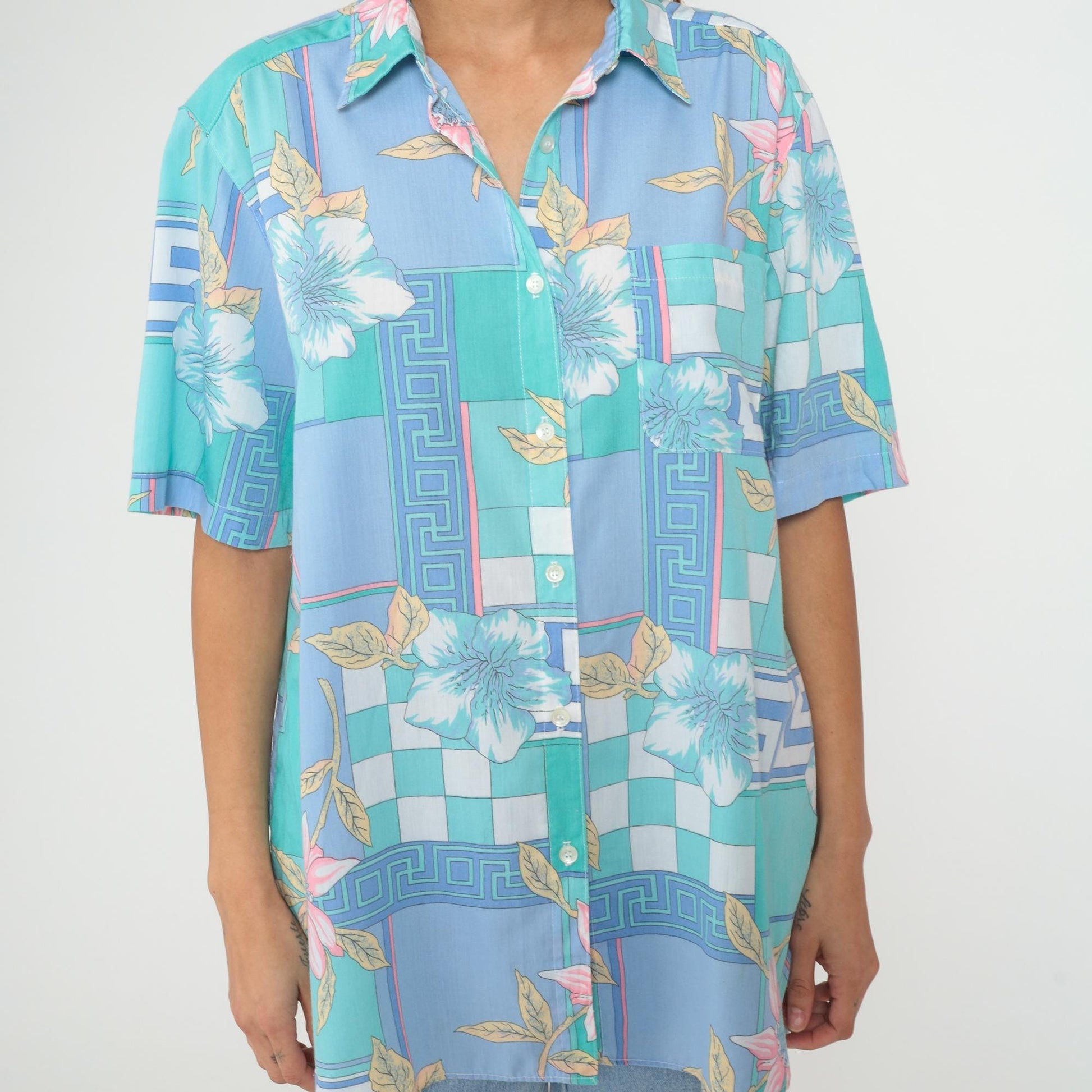 80s Alfred Dunner Tropical Floral Geometric Button Up Shirt Blue Teal Extra Large XL