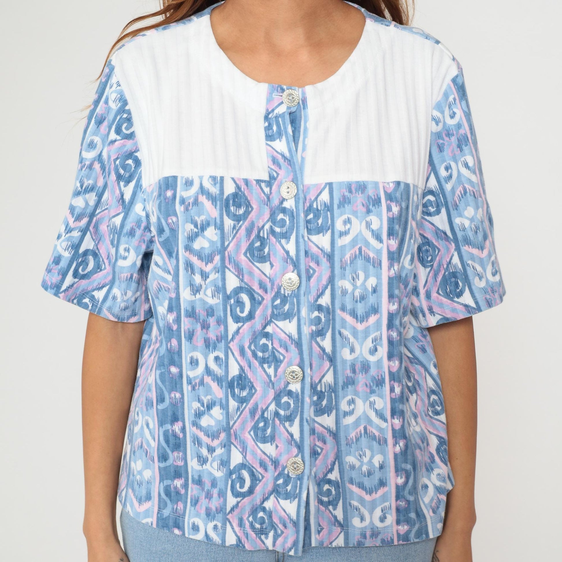 90s Blue Ikat Geometric Print Cotton Blouse Button Front Tribal Pattern Large L