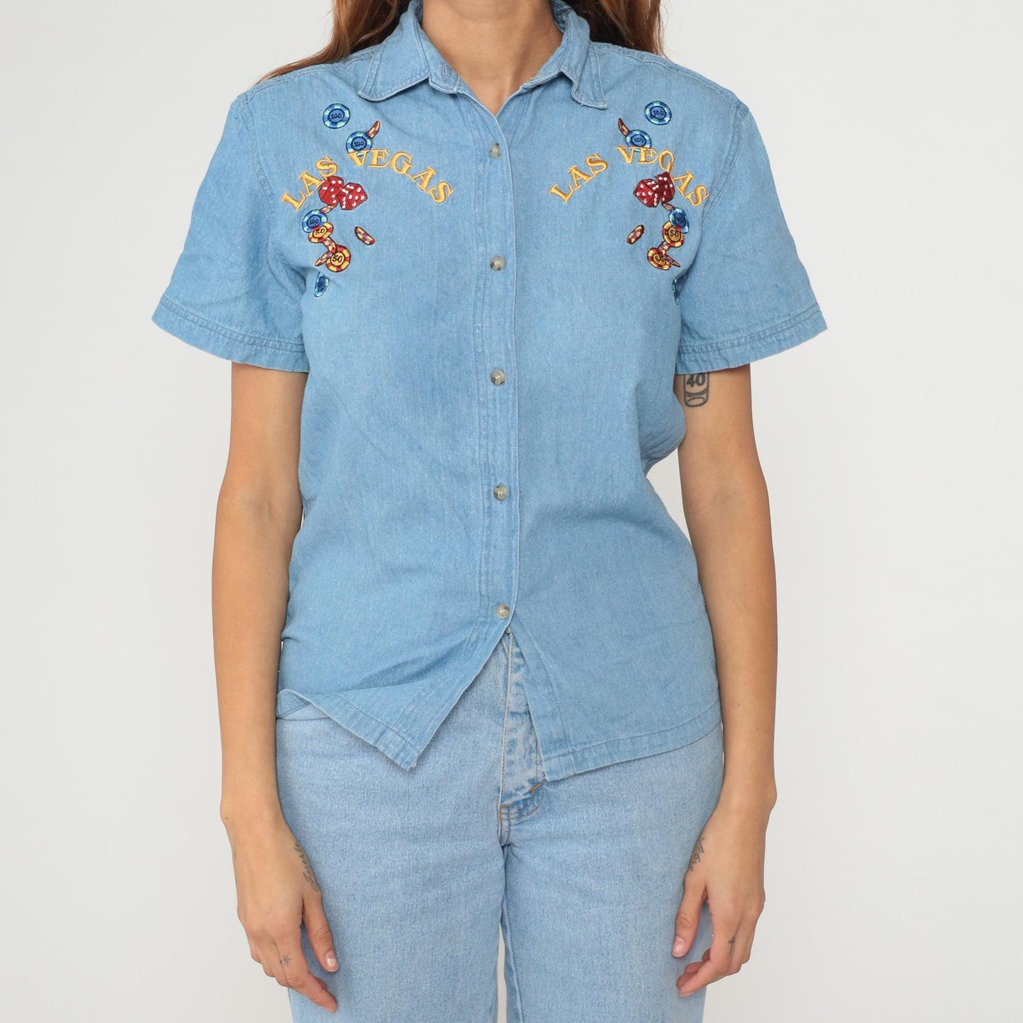 Y2K Las Vegas Casino Denim Shirt Embroidered Dice Gambling Small S