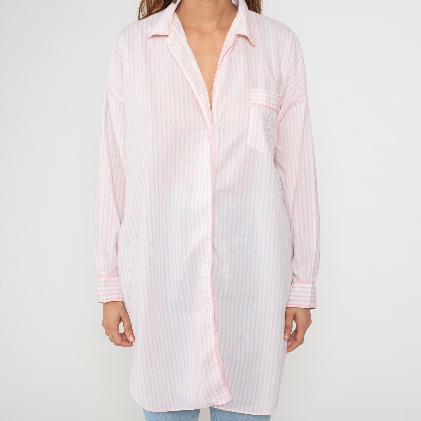 90s Apostrophe Pink White Striped Cotton Button Down Shirt Medium