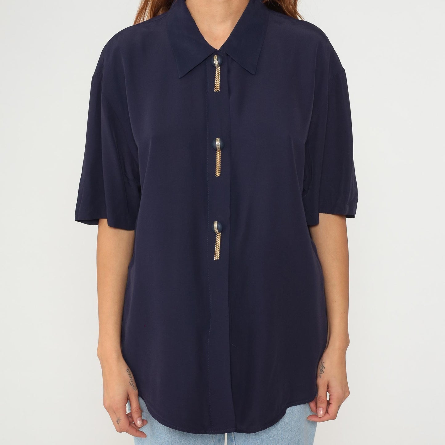 90s Navy Blouse with Gold Chain Detail Short Sleeve Point Collar Large L