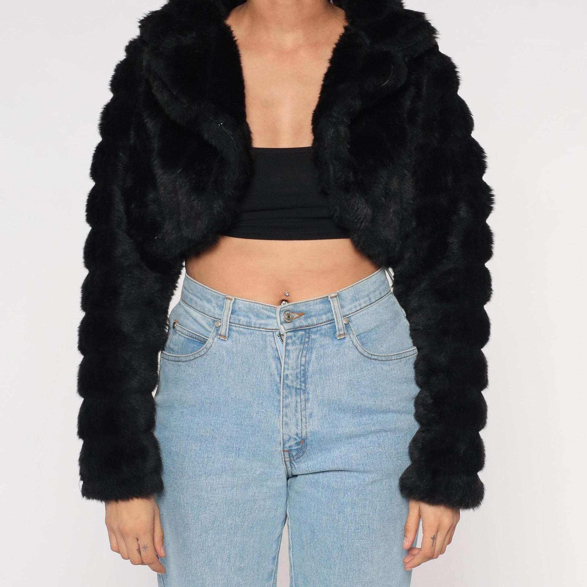 Y2K Black Faux Fur Cropped Jacket Oversized Collar Long Sleeve Medium