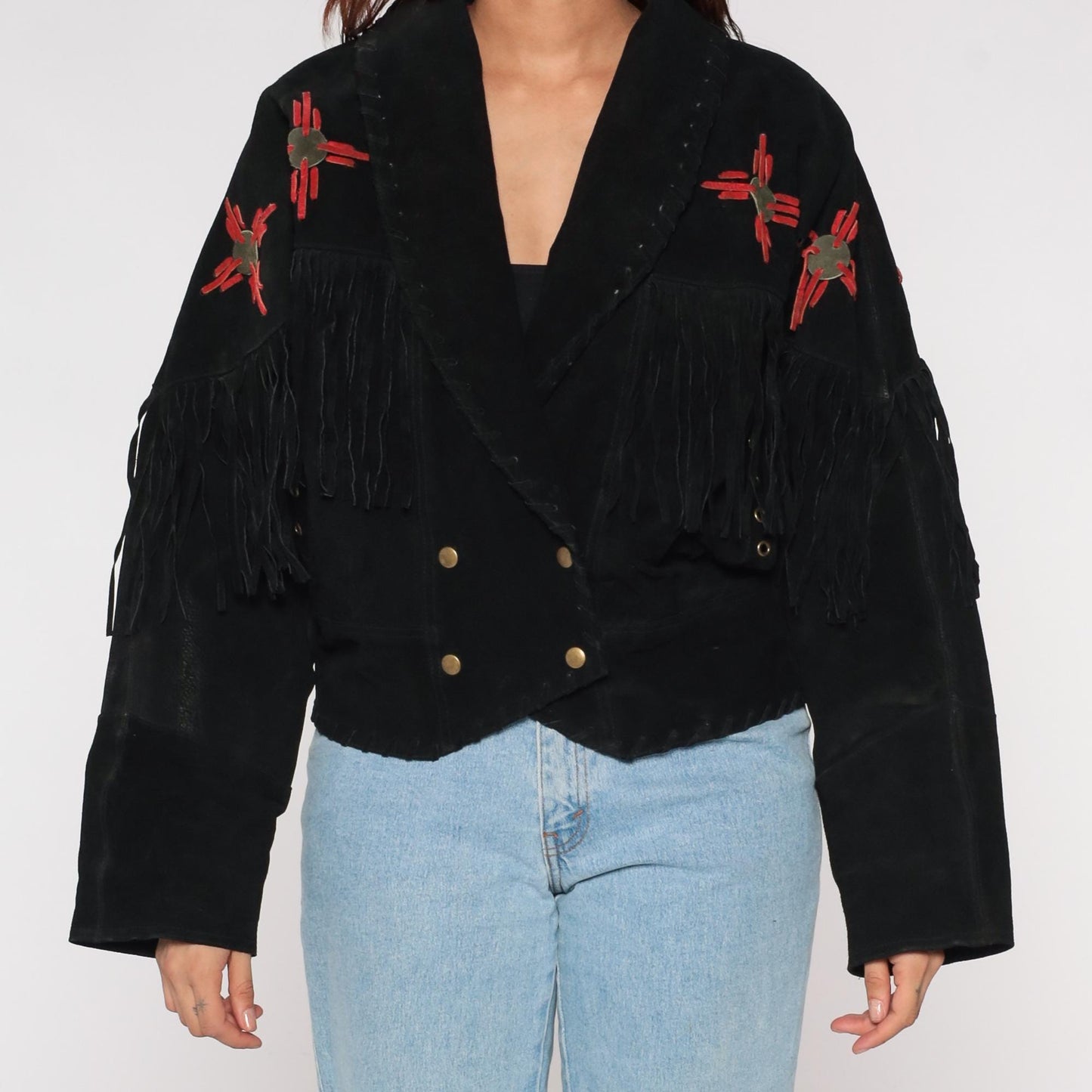 90s Learsi Black Leather Western Jacket Fringe Red Star Motif Large L