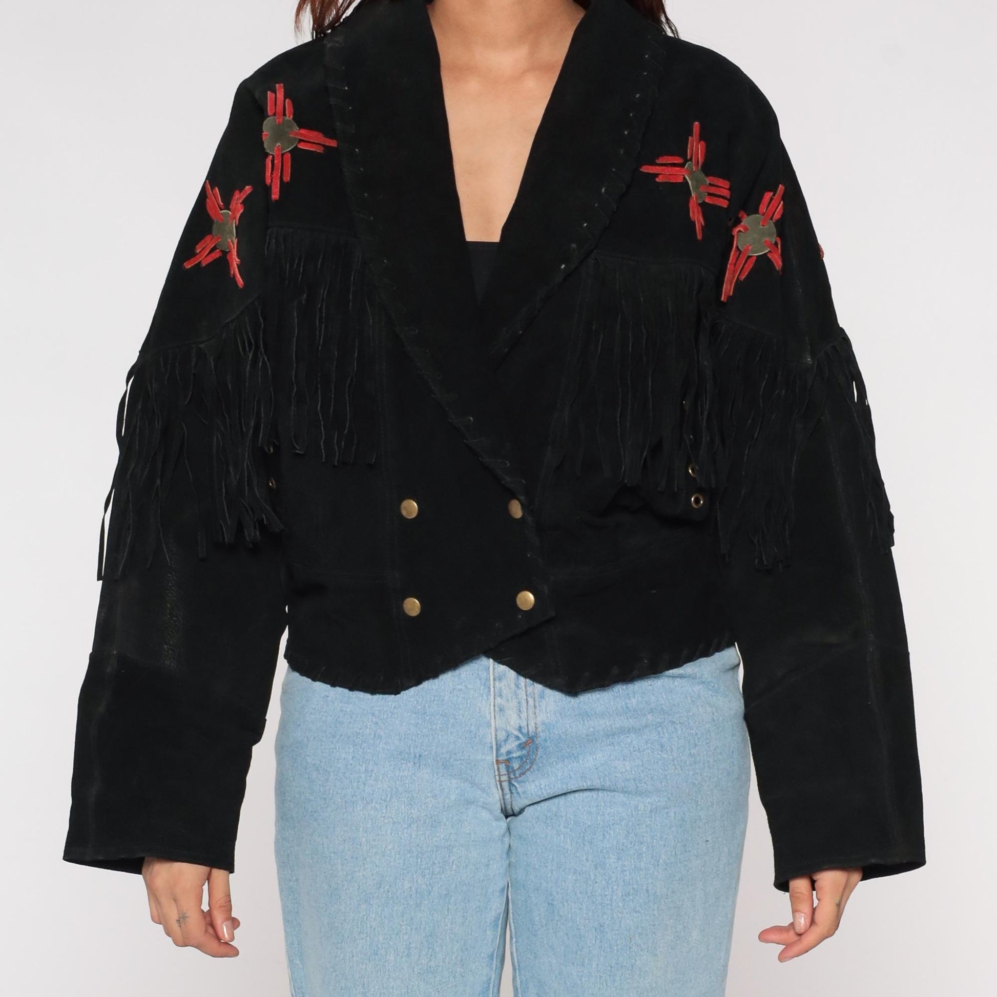 90s Learsi Black Leather Western Jacket Fringe Red Star Motif Large L