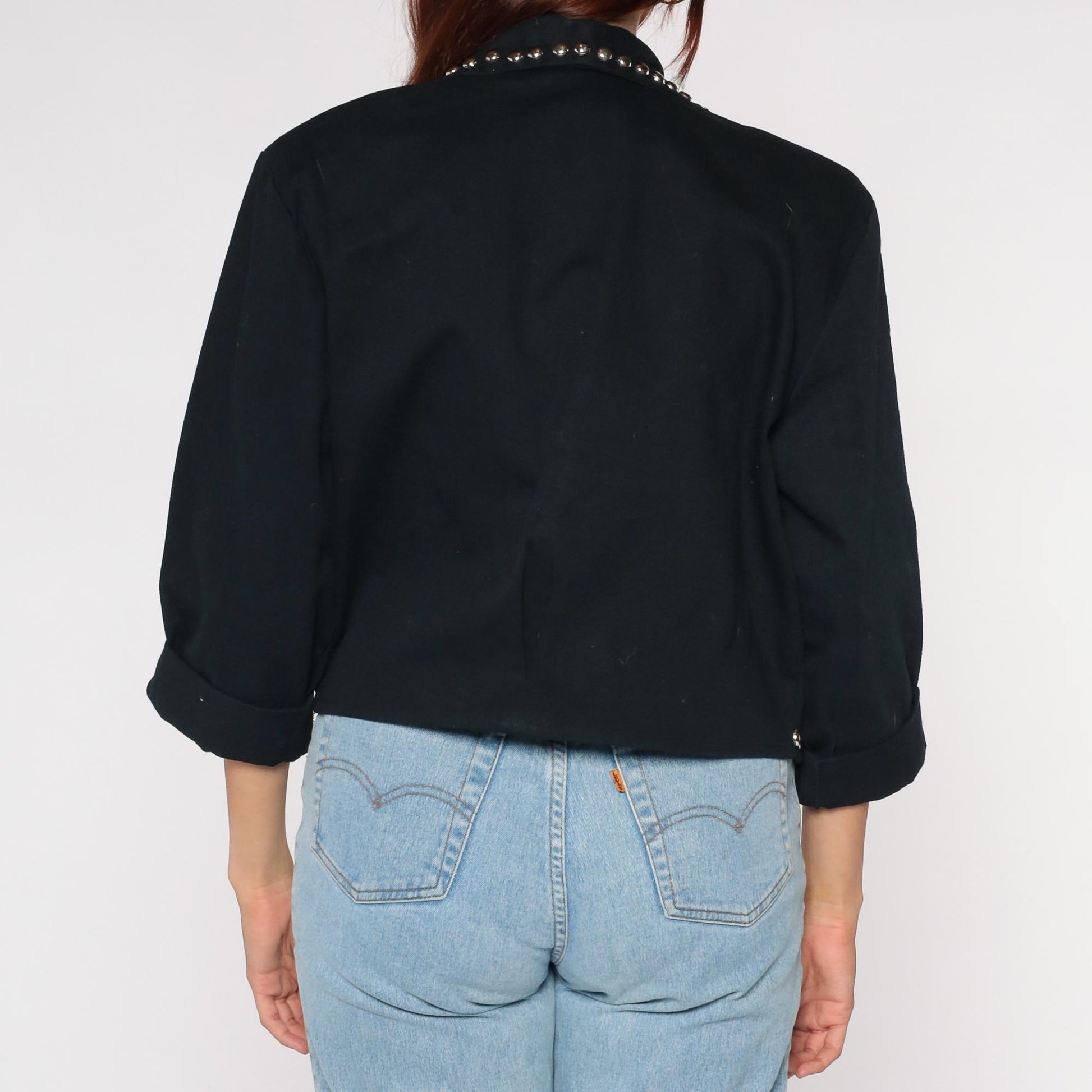 90s Molato Black Cotton Blazer Rhinestone Stud Embellished Cropped Large L