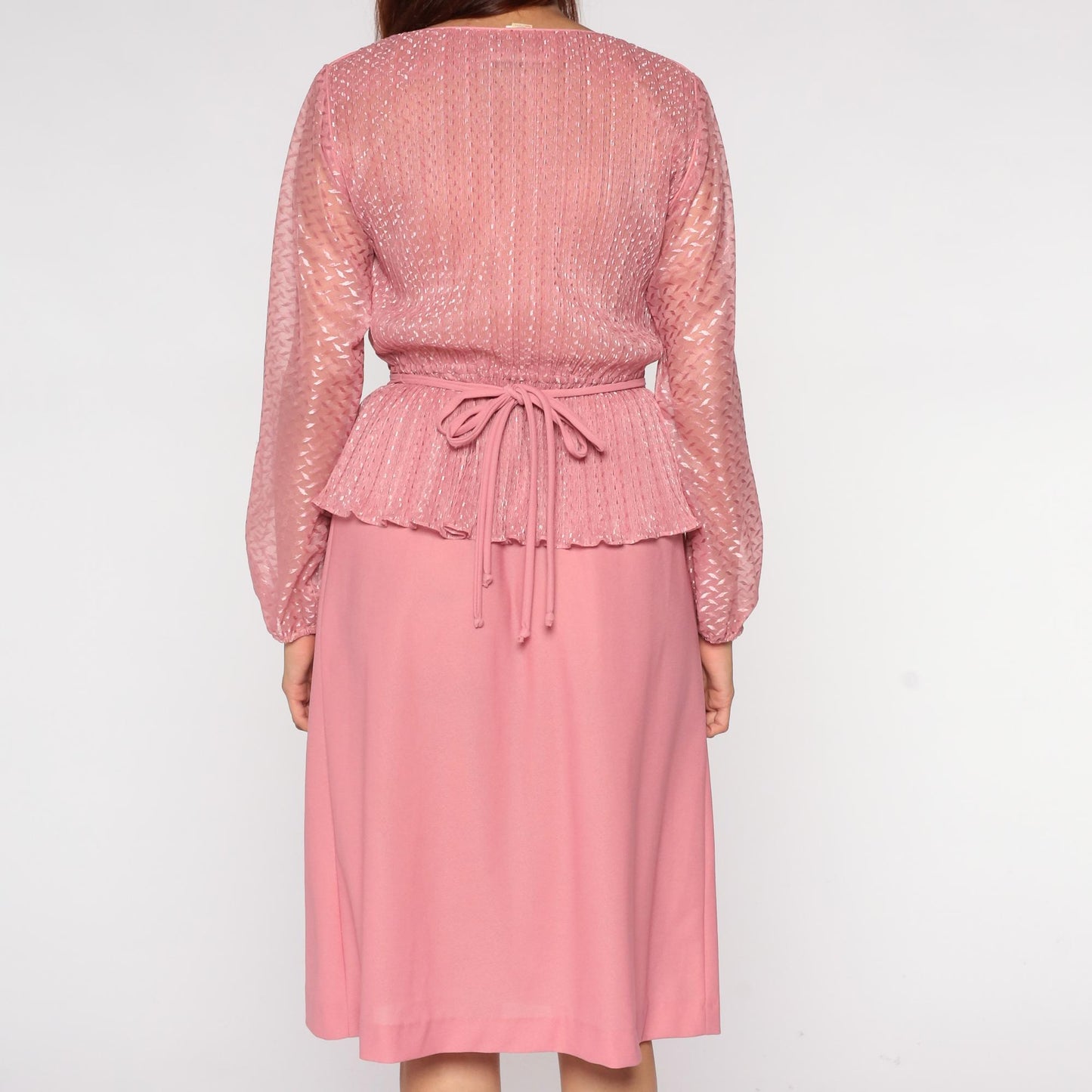 70s Hal Ferman Disco Dress Pink Metallic Peplum Long Sleeve Medium