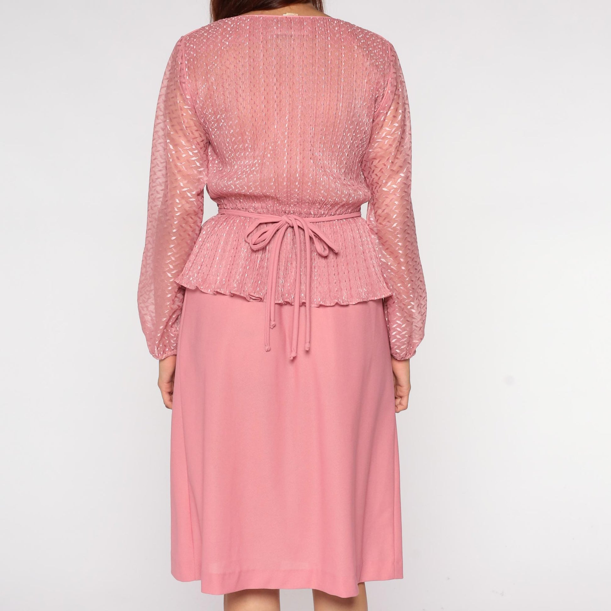 70s Hal Ferman Disco Dress Pink Metallic Peplum Long Sleeve Medium