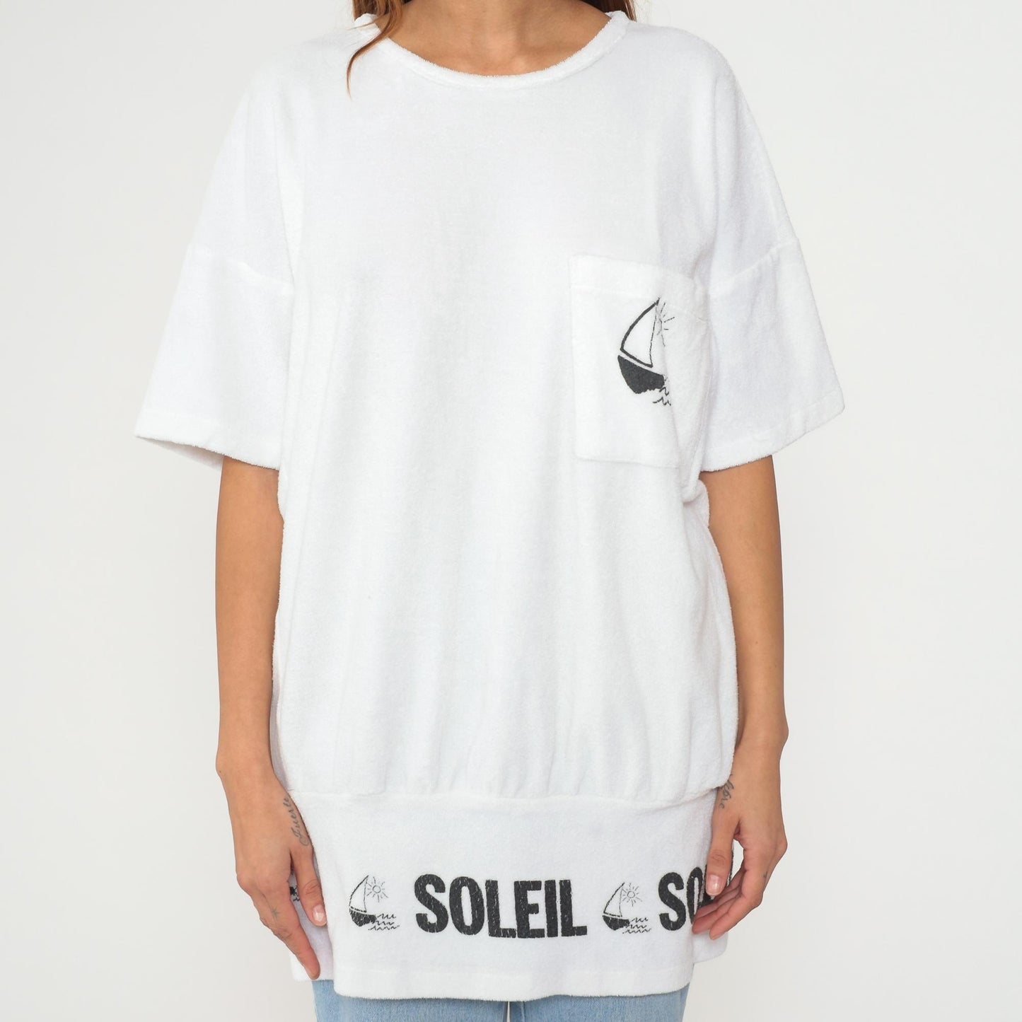 80s Soleil Sailboat Terrycloth Tee White Graphic Short Sleeve Medium M