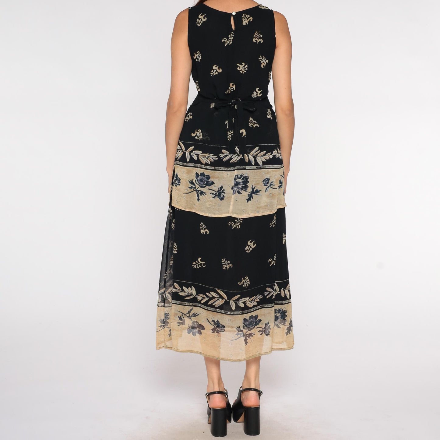 Y2K Bila Black Maxi Dress Tan Floral Border Print Sleeveless Small