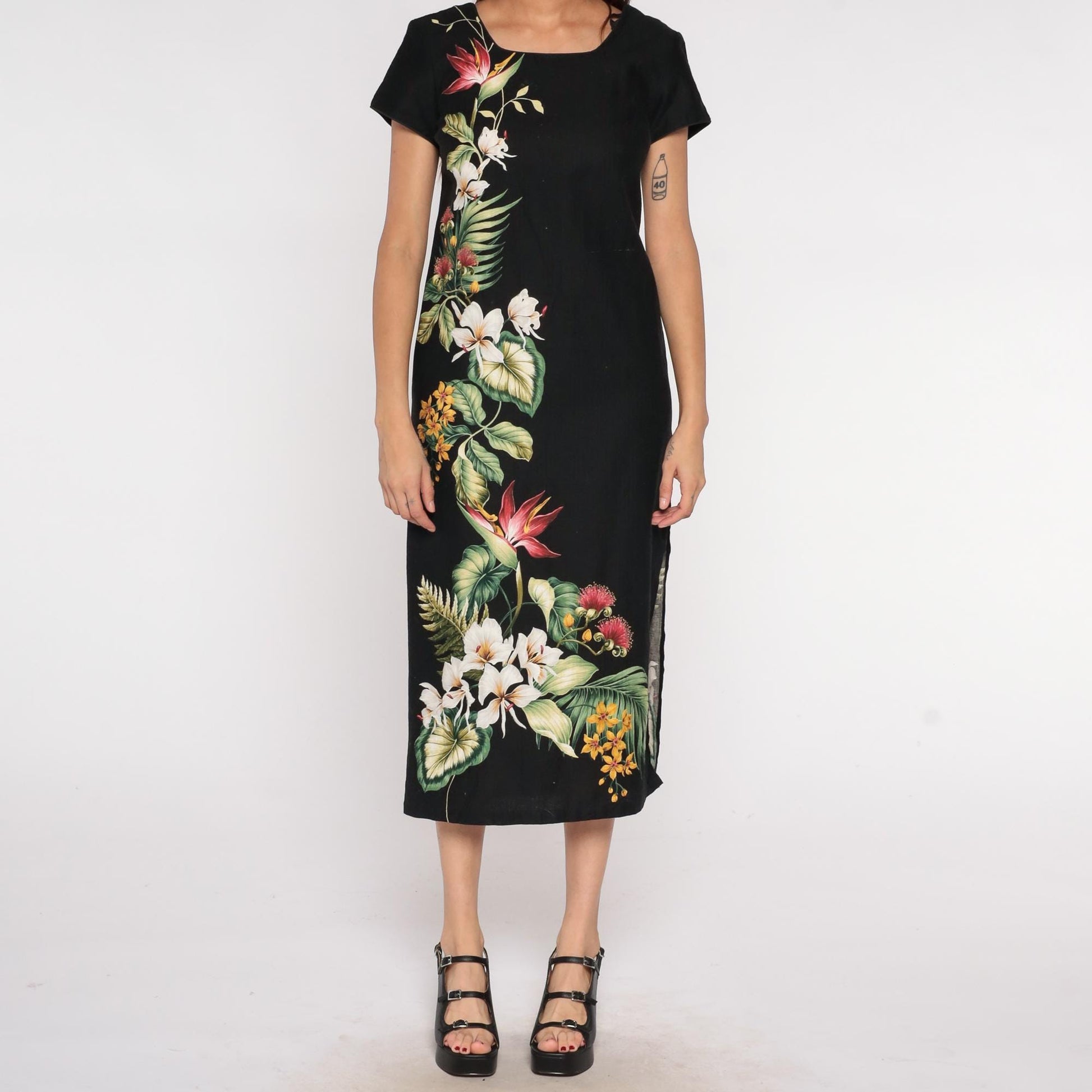 Young Hawaii Black Tropical Floral Midi Dress Bird of Paradise Cotton Small S