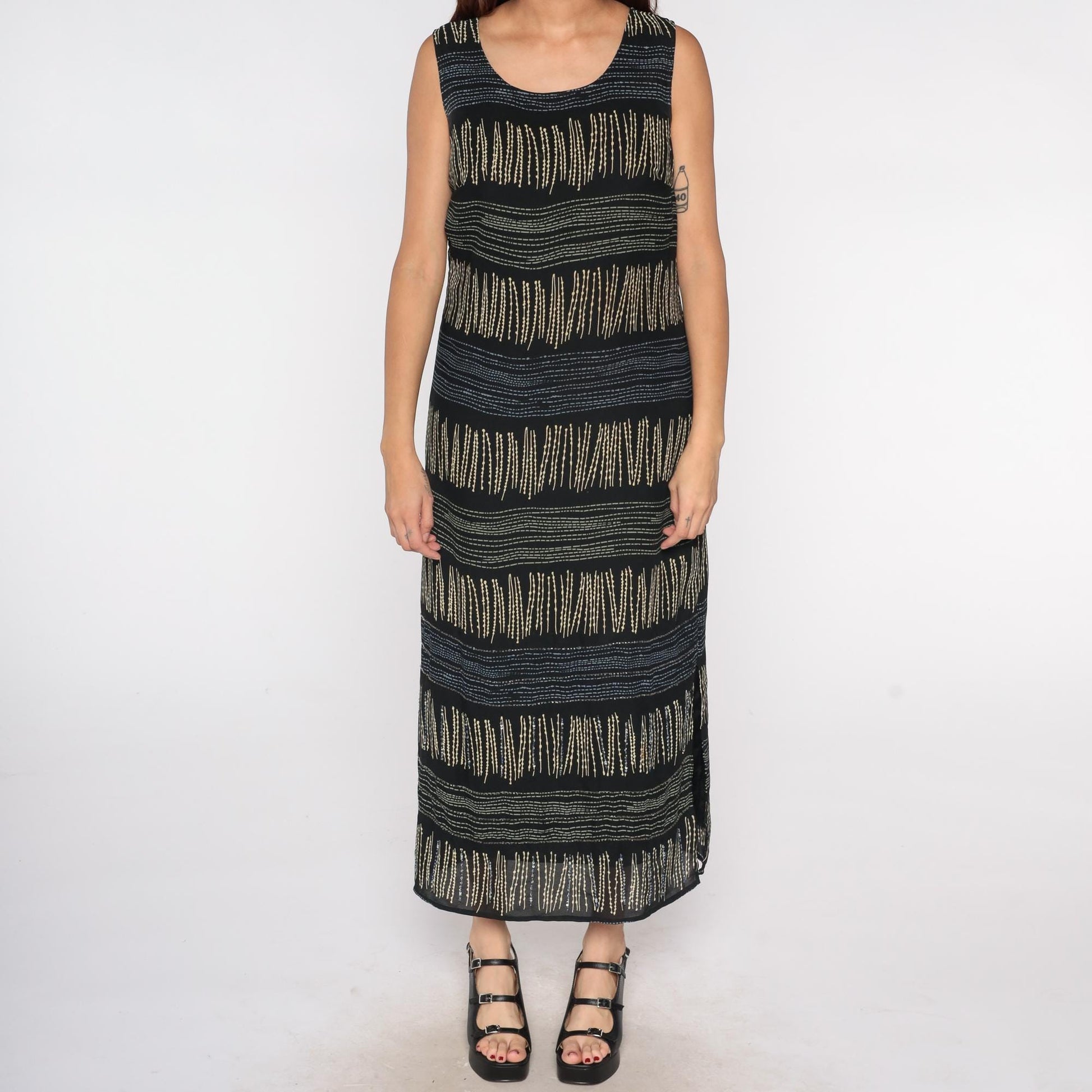 90s Expressions Abstract Stripe Maxi Dress Black Tan Sleeveless Small