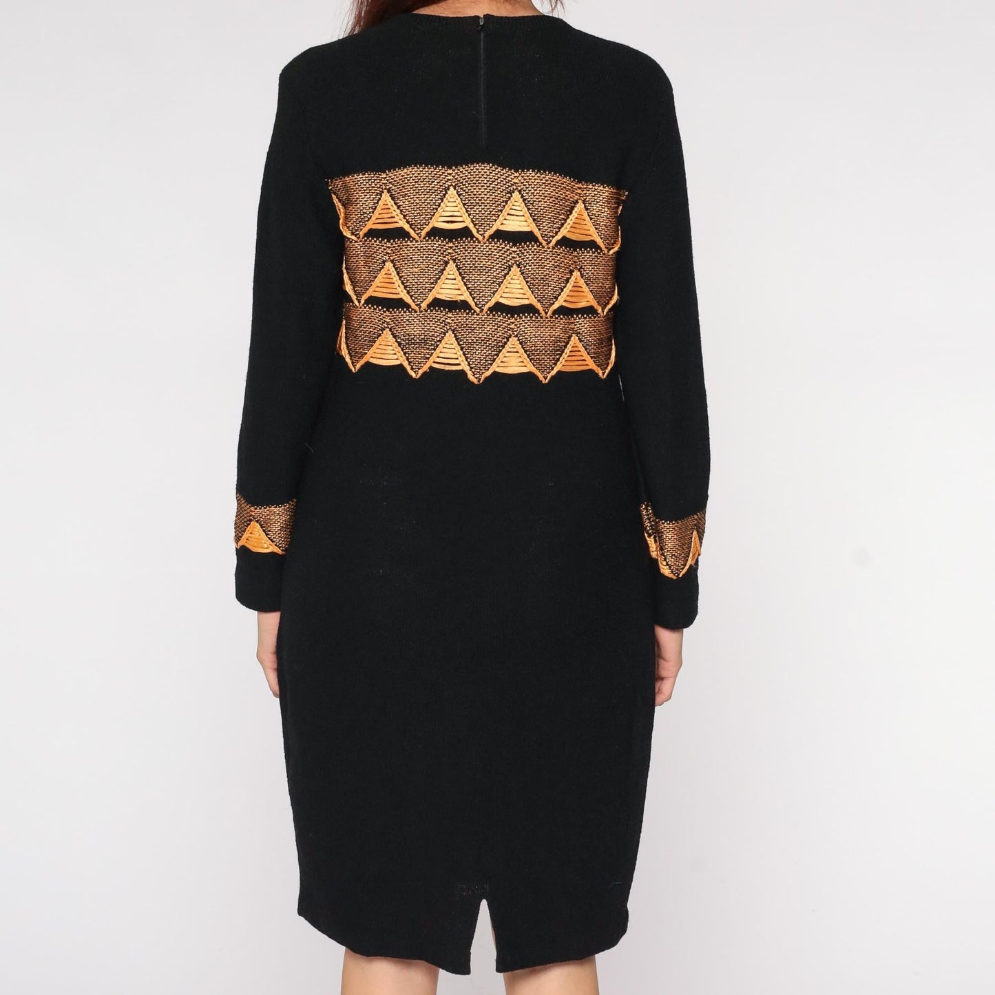 90s Steve Fabrikant Black Sweater Dress Gold Triangle Pattern Medium M