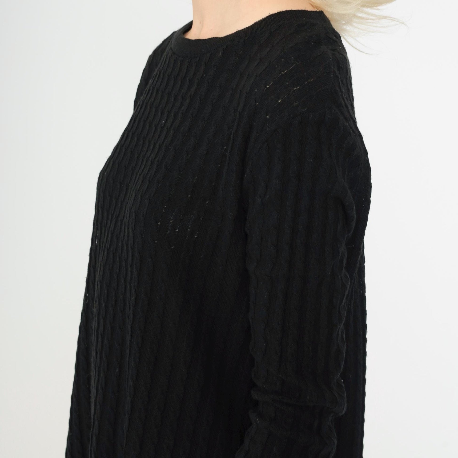 90s K Studio Black Ribbed Knit Sweater Dress Scalloped Hem Large