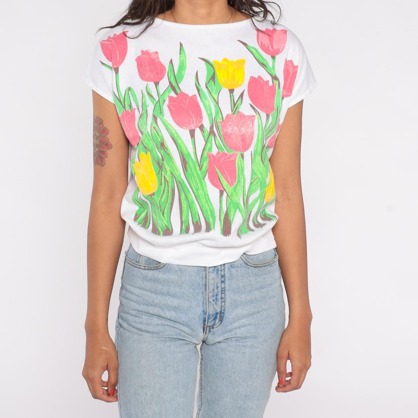 90s White Tulip Floral Cropped Cotton Shirt Small S