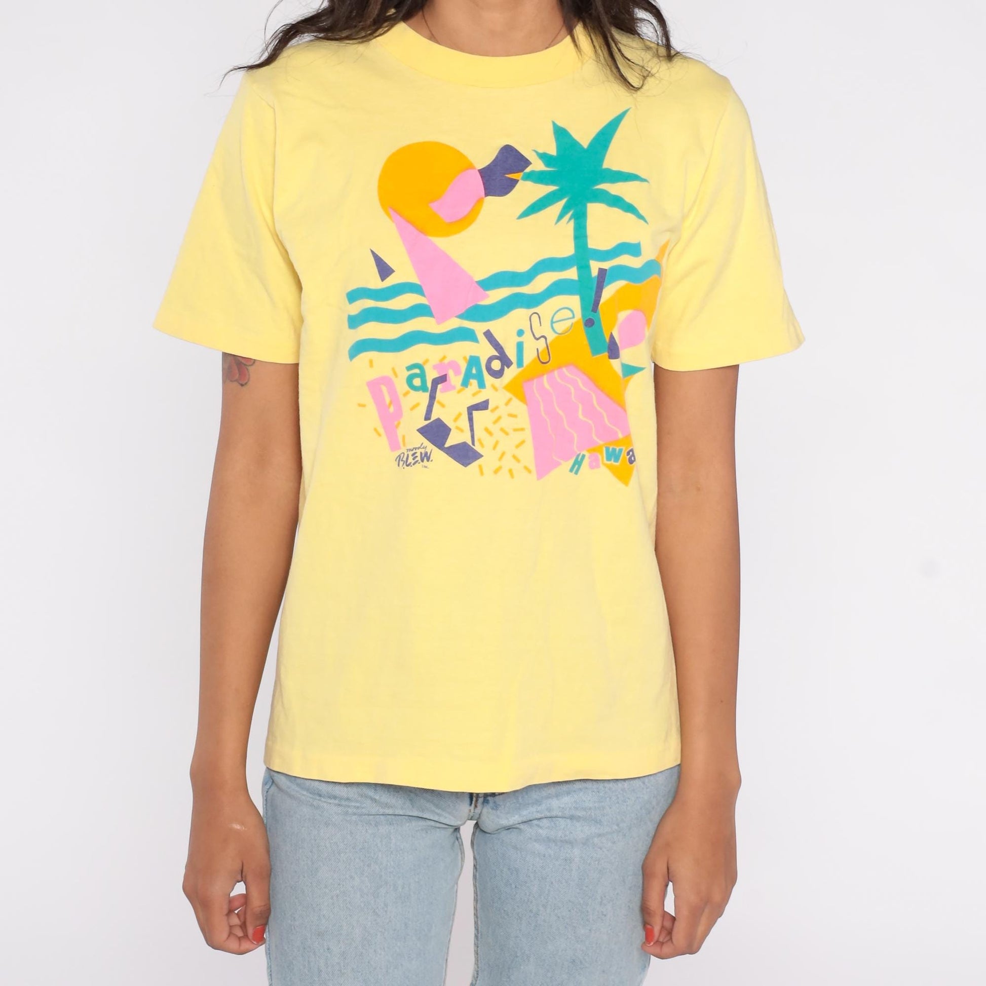 90s Champion Paradise Hawaii Graphic Tee Yellow Neon Pink Small