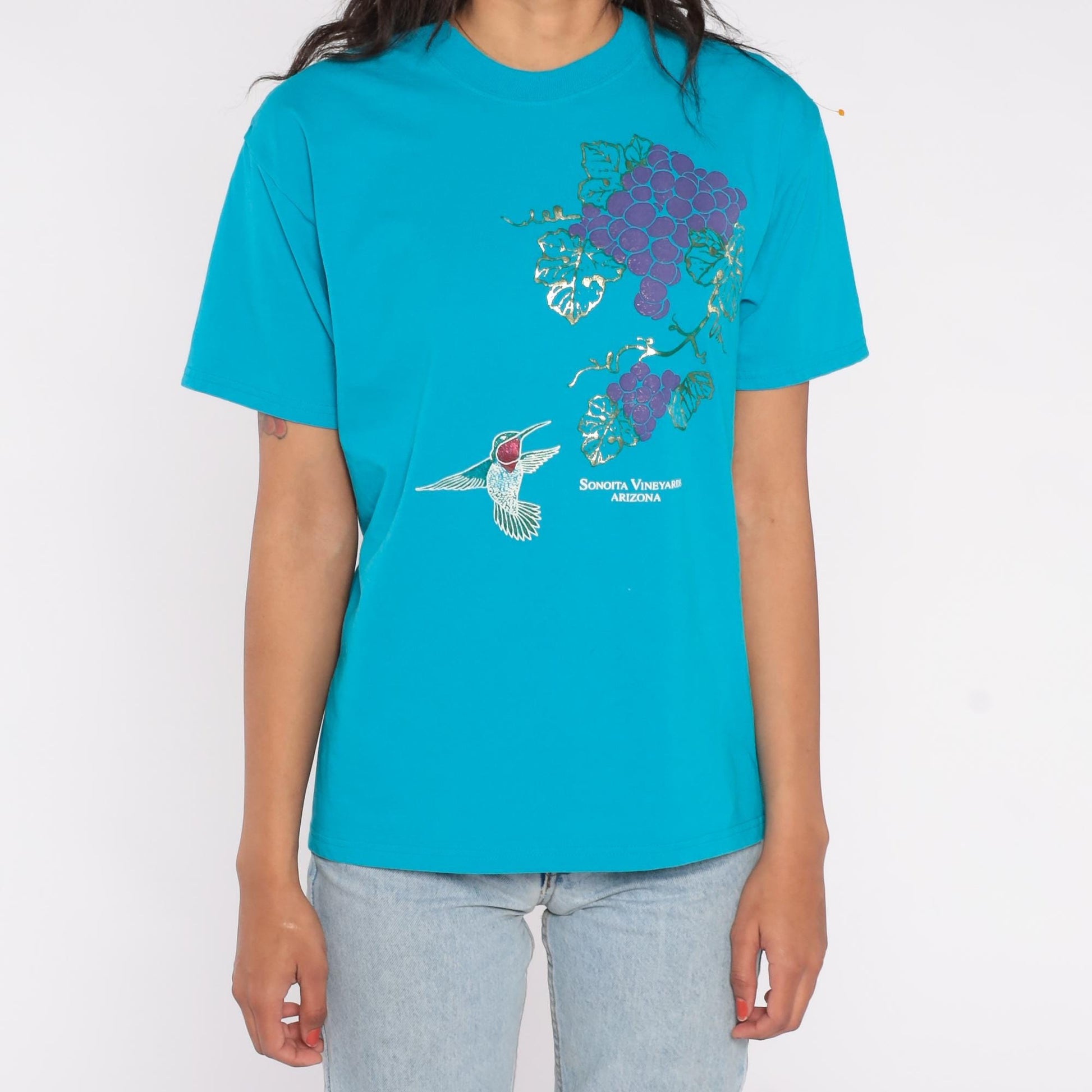 90s Sonoita Arizona Vineyards Graphic Tee Turquoise Hummingbird Purple Grapes Medium M
