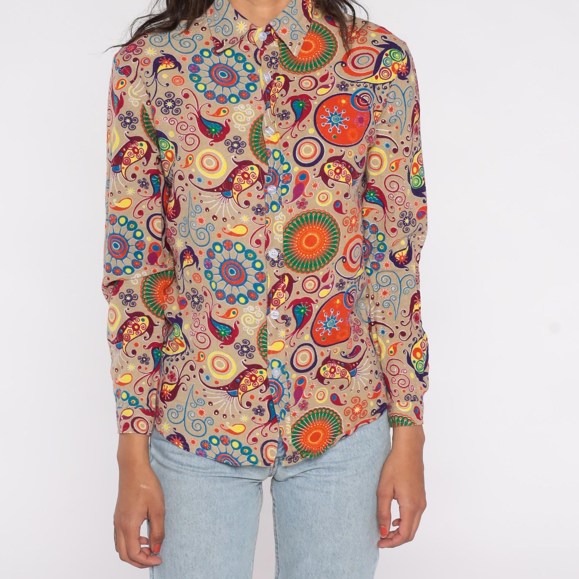 Y2K Psychedelic Button Down Shirt Beige Paisley Swirl Cotton Small S